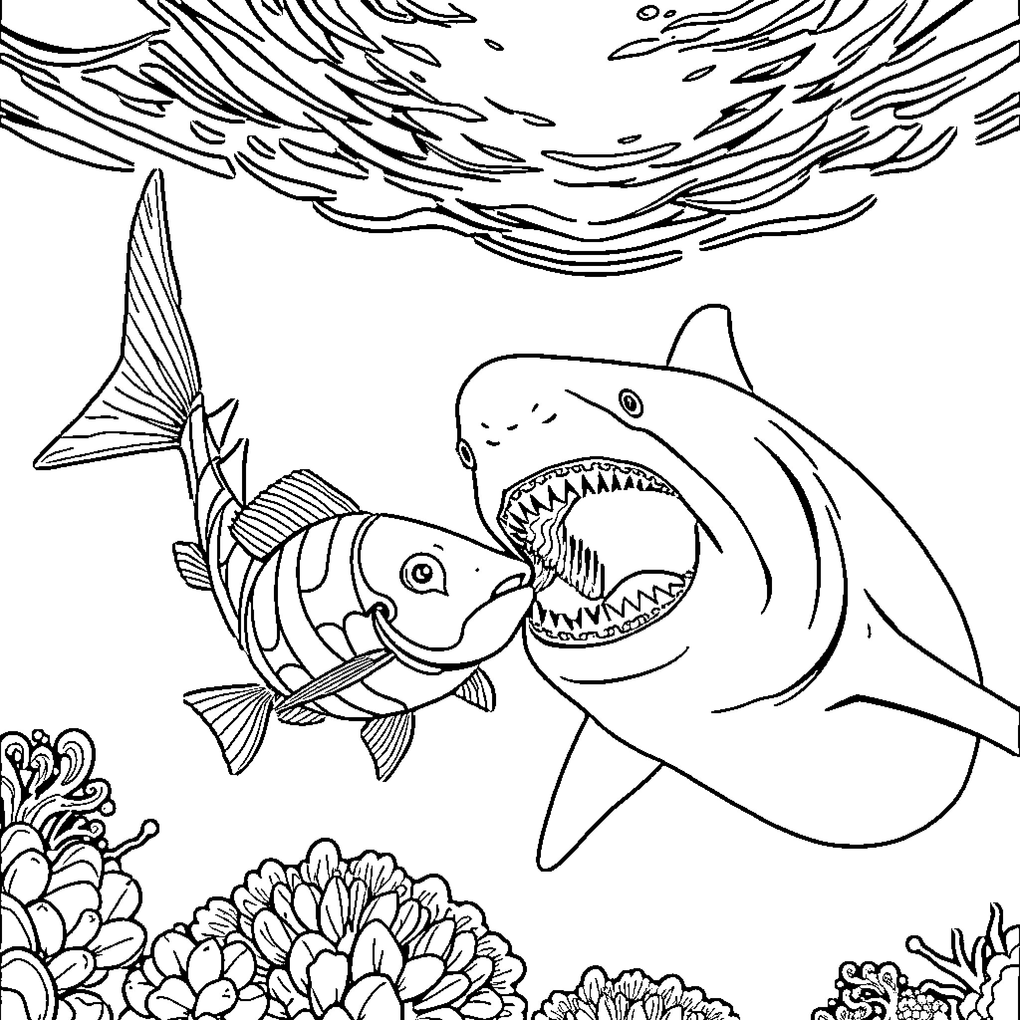 Labubu's undersea adventure with a hungry shark Coloring Page (free black-and-white line drawing printable PDF for all, from beginners to advanced learners, including children, teens, adults, and seniors)