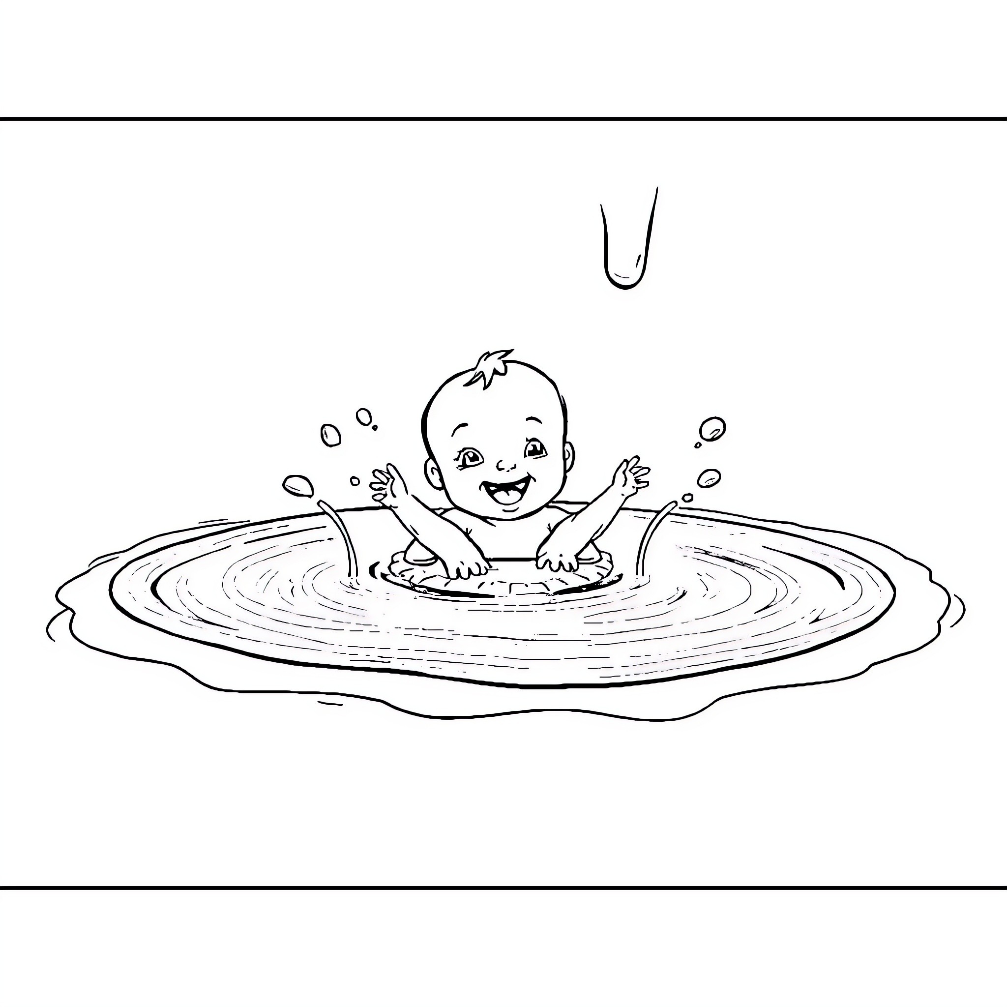 Baby joyfully splashing in a pool Coloring Page (free black-and-white line drawing printable PDF for all, from beginners to advanced learners, including children, teens, adults, and seniors)