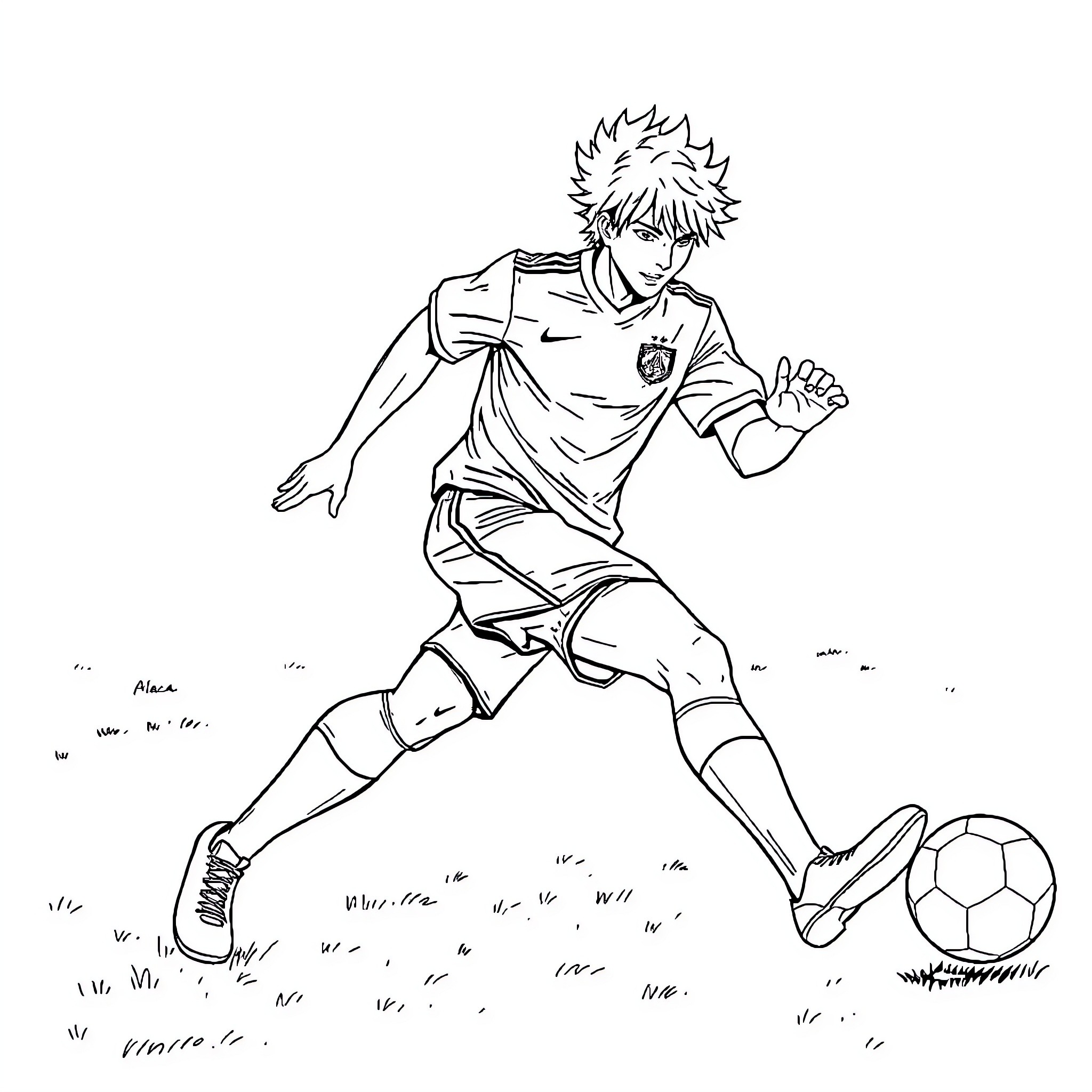 Ichigo in dynamic soccer action pose Coloring Page (free black-and-white line drawing printable PDF for all, from beginners to advanced learners, including children, teens, adults, and seniors)