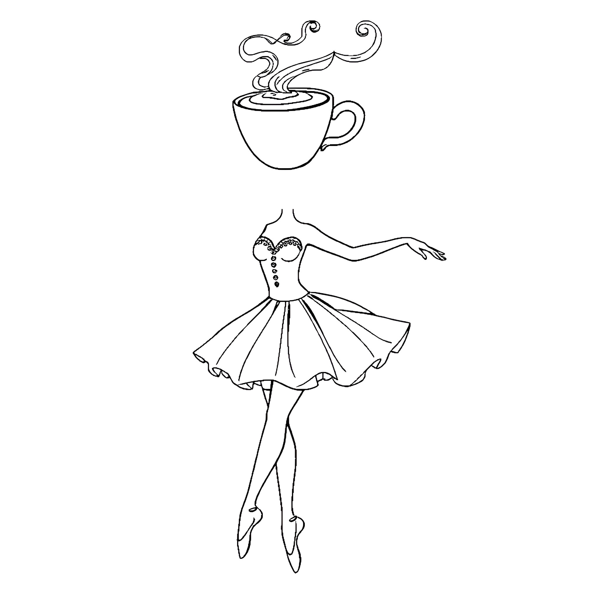 Ballerina dancing gracefully with a steaming cup Coloring Page (free black-and-white line drawing printable PDF for all, from beginners to advanced learners, including children, teens, adults, and seniors)