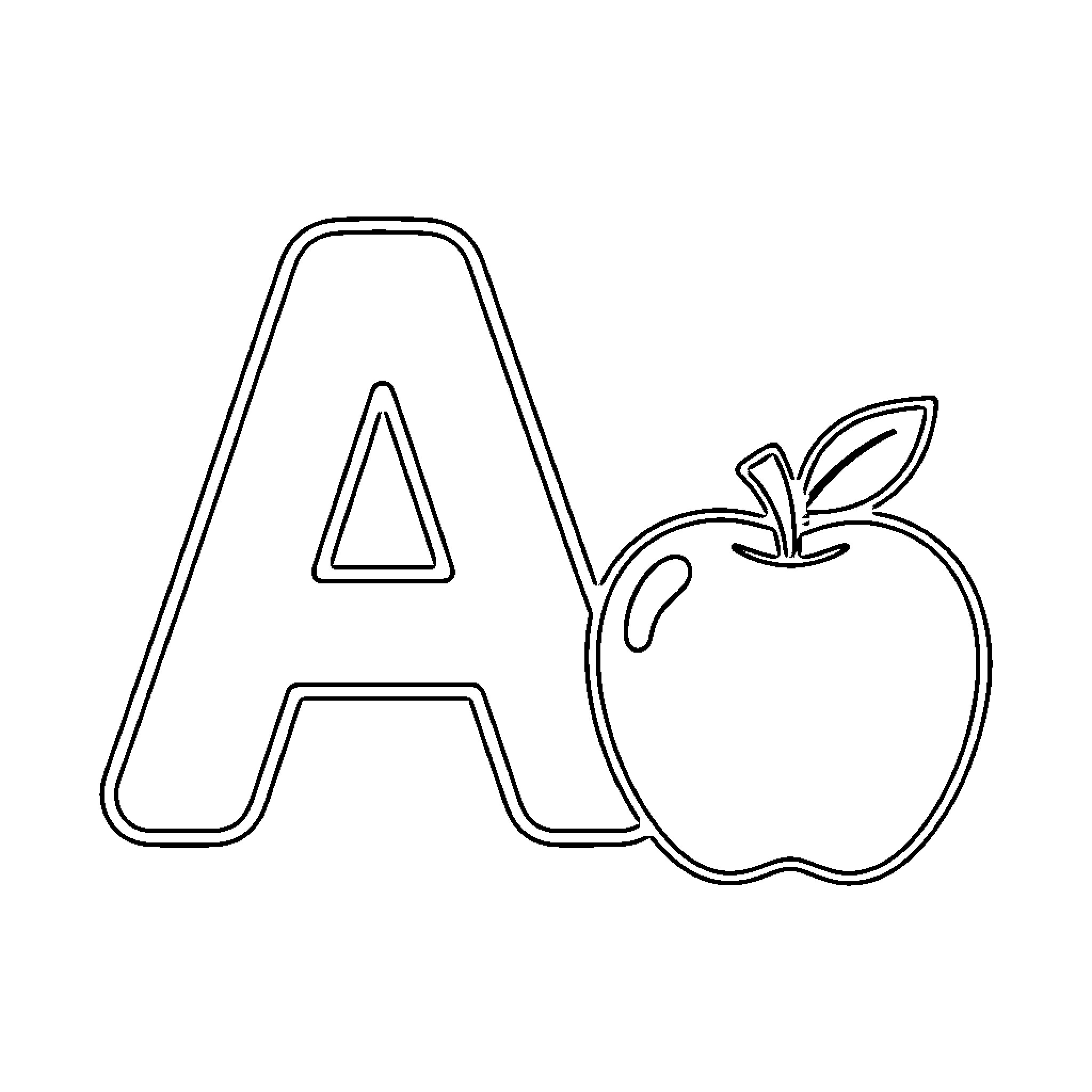 Letter A with an apple illustration Coloring Page (free black-and-white line drawing printable PDF for all, from beginners to advanced learners, including children, teens, adults, and seniors)