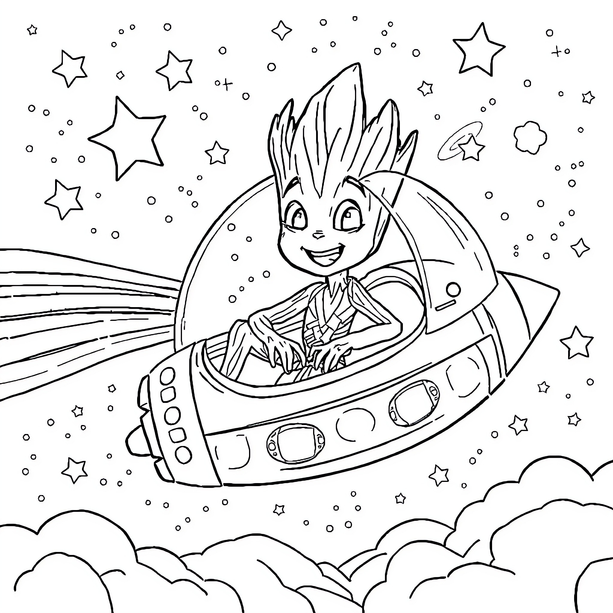 Groot in a Spaceship Among the Stars Coloring Page (free black-and-white line drawing printable PDF for all, from beginners to advanced learners, including children, teens, adults, and seniors)
