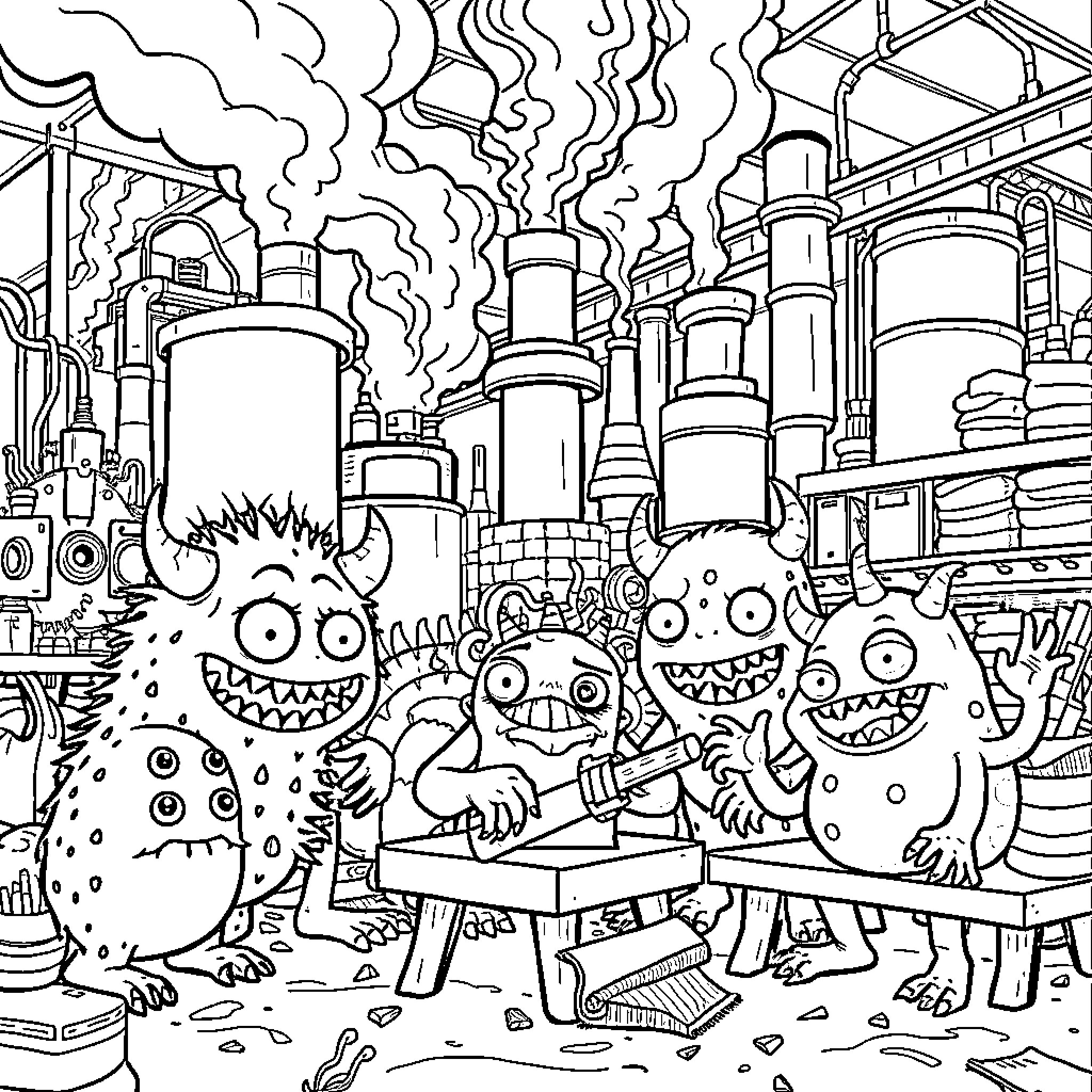 Monsters Building a Monstrous Machine in a Chaotic Factory Coloring Page (free black-and-white line drawing printable PDF for all, from beginners to advanced learners, including children, teens, adults, and seniors)