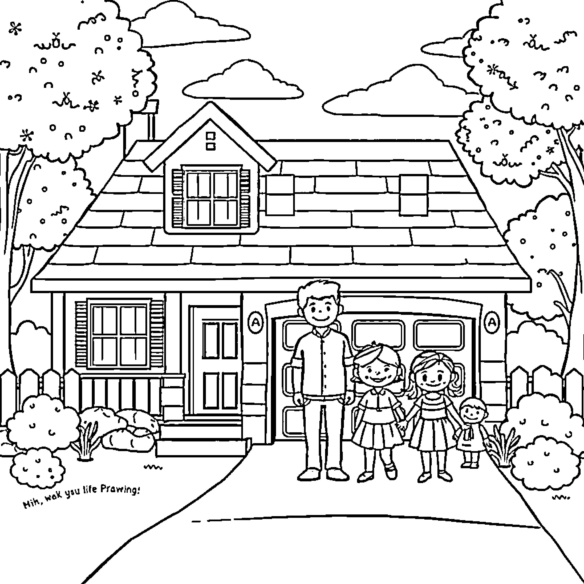 House with family posing outside Coloring Page (free black-and-white line drawing printable PDF for all, from beginners to advanced learners, including children, teens, adults, and seniors)
