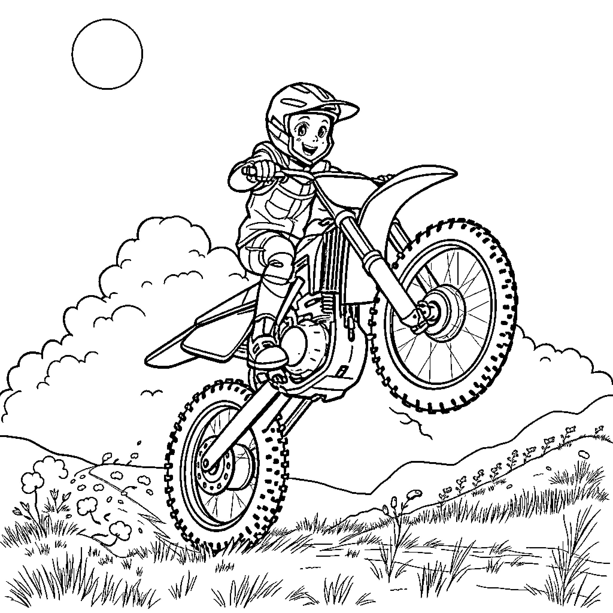 Boy riding dirt bike on off-road trail Coloring Page (free black-and-white line drawing printable PDF for all, from beginners to advanced learners, including children, teens, adults, and seniors)