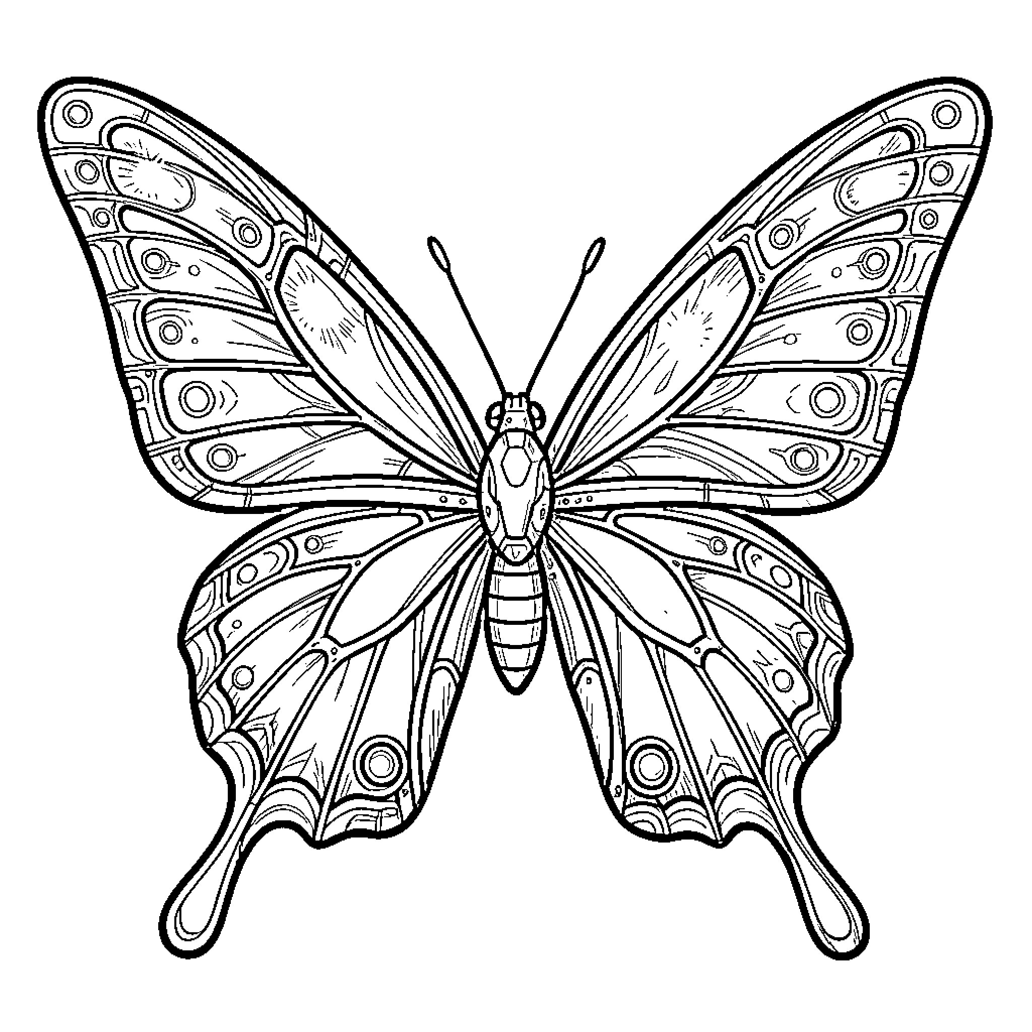 Butterfly with detailed wing patterns Coloring Page (free black-and-white line drawing printable PDF for all, from beginners to advanced learners, including children, teens, adults, and seniors)
