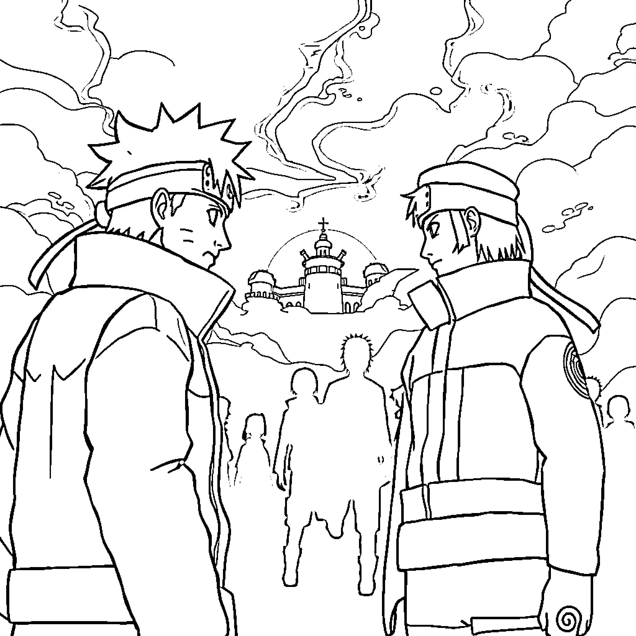 Naruto Characters in Dramatic Confrontation Coloring Page (free black-and-white line drawing printable PDF for all, from beginners to advanced learners, including children, teens, adults, and seniors)
