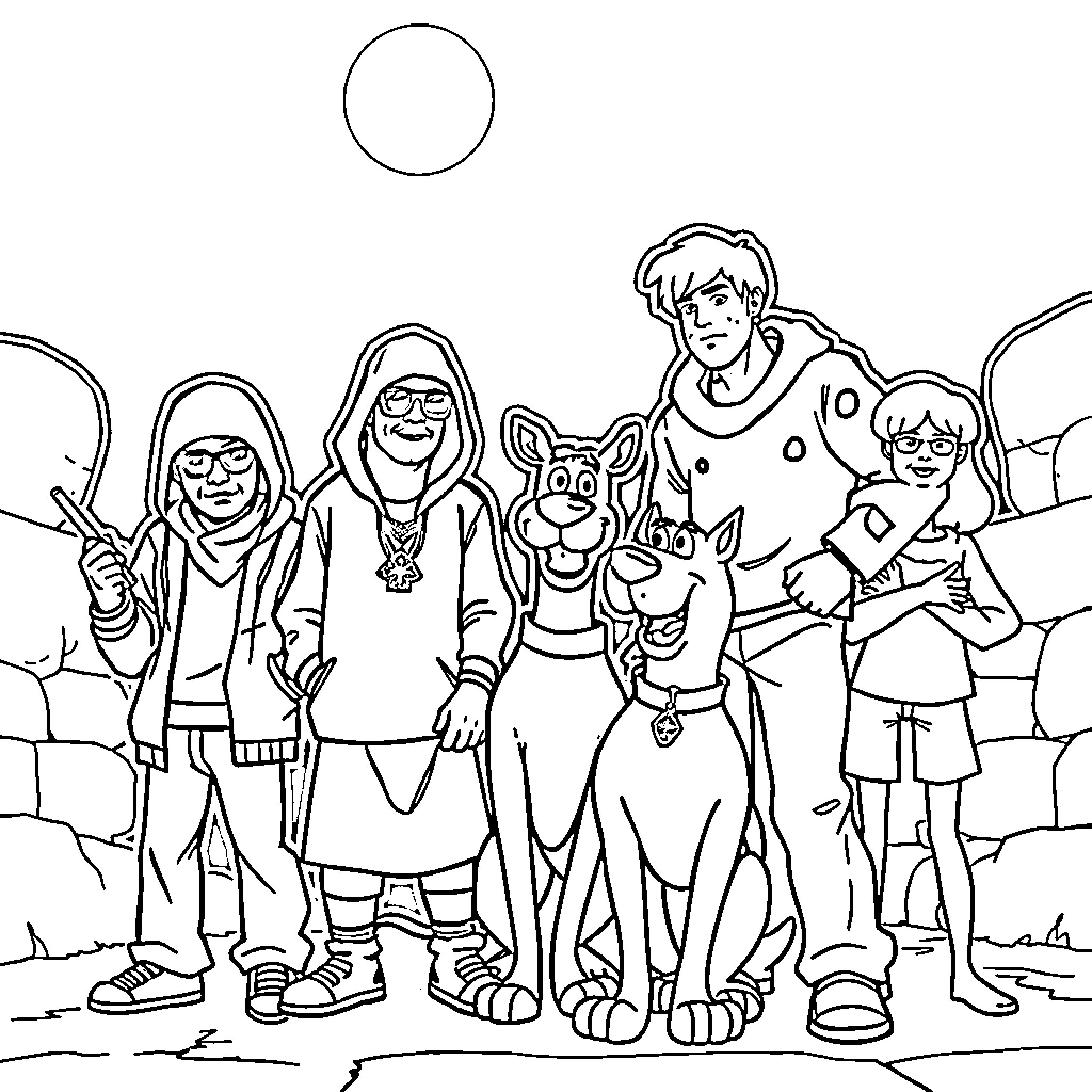 Wu Tang Gang Hanging Out in the Desert Coloring Page (free black-and-white line drawing printable PDF for all, from beginners to advanced learners, including children, teens, adults, and seniors)