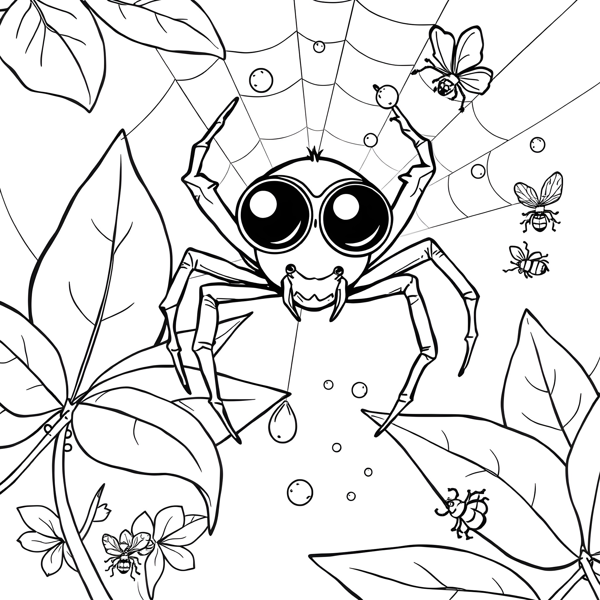 Spider playing in web with insects Coloring Page (free black-and-white line drawing printable PDF for all, from beginners to advanced learners, including children, teens, adults, and seniors)