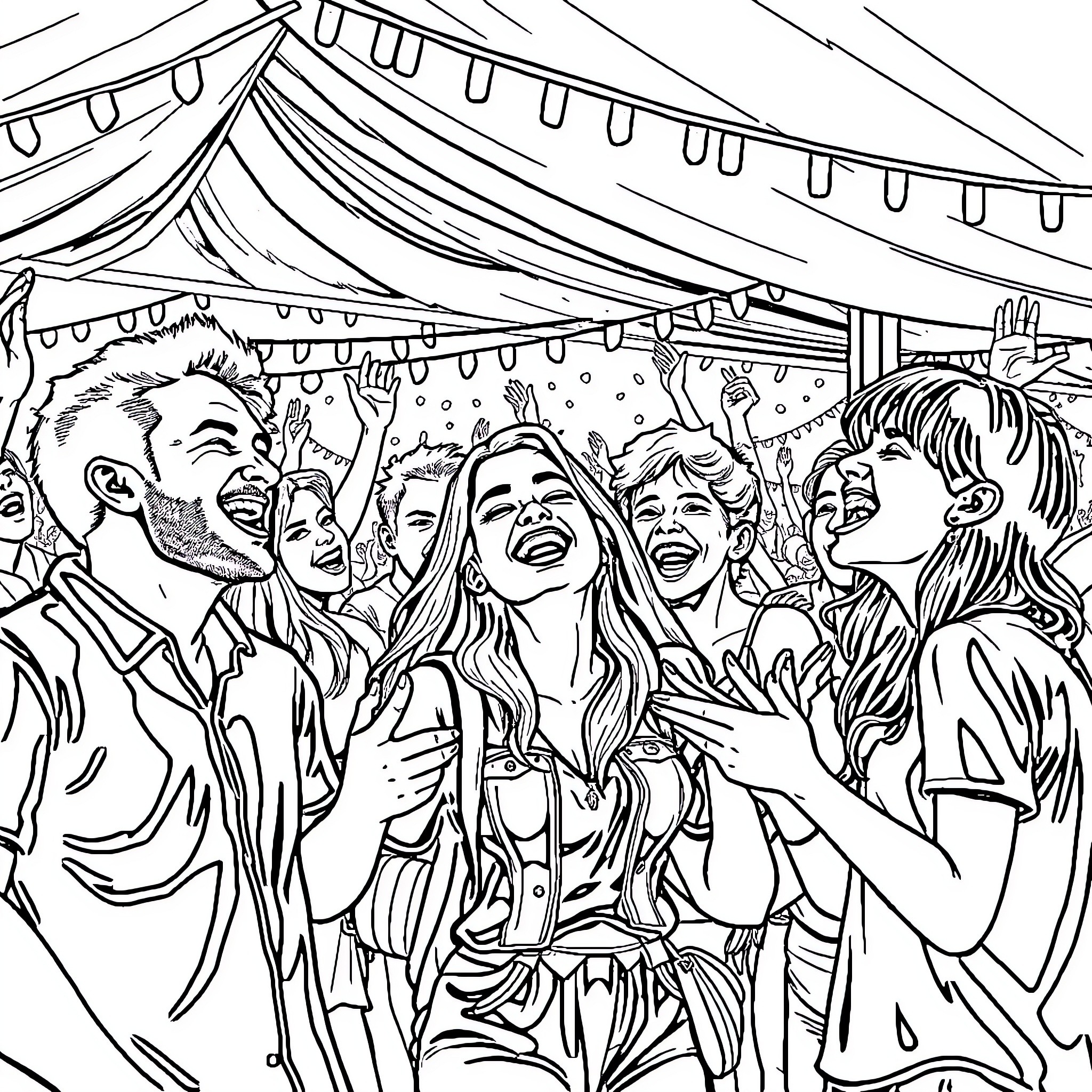 Friends celebrating joyously under festive decorations Coloring Page (free black-and-white line drawing printable PDF for all, from beginners to advanced learners, including children, teens, adults, and seniors)