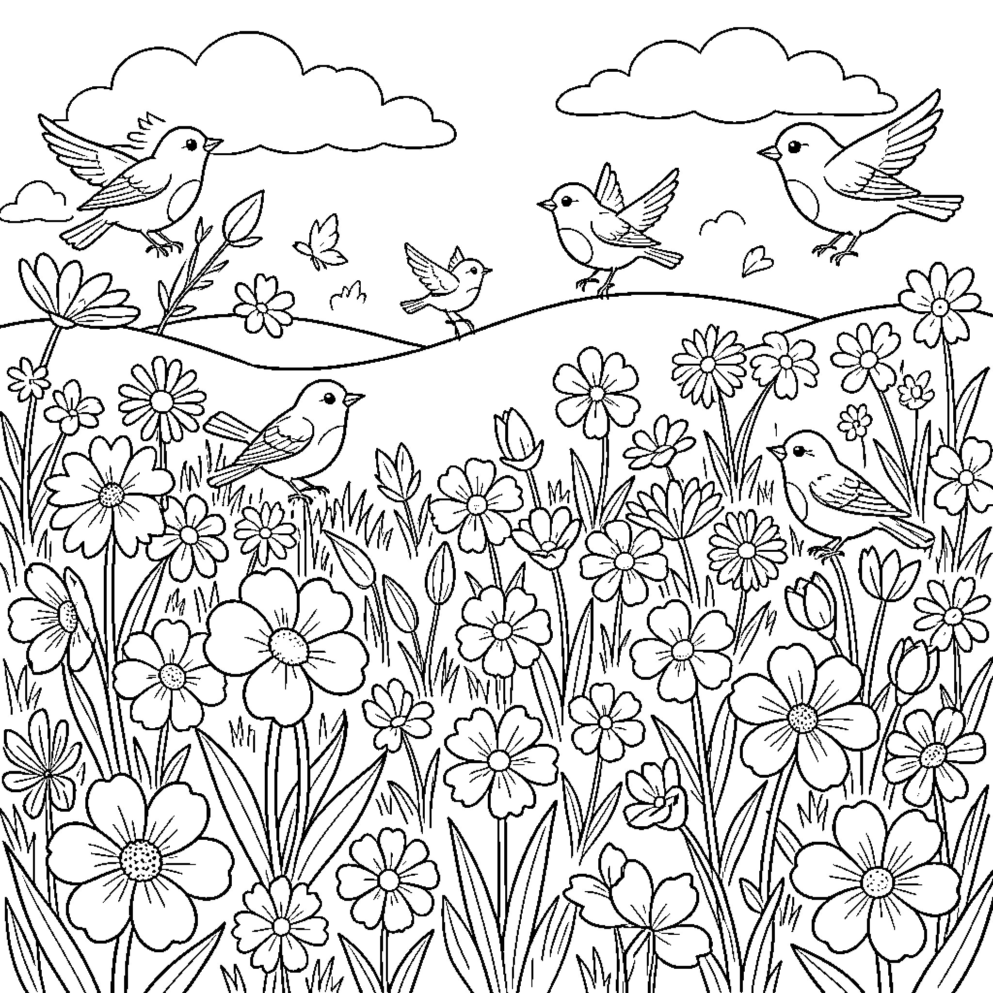 Spring scene with birds and blooming flowers Coloring Page (free black-and-white line drawing printable PDF for all, from beginners to advanced learners, including children, teens, adults, and seniors)