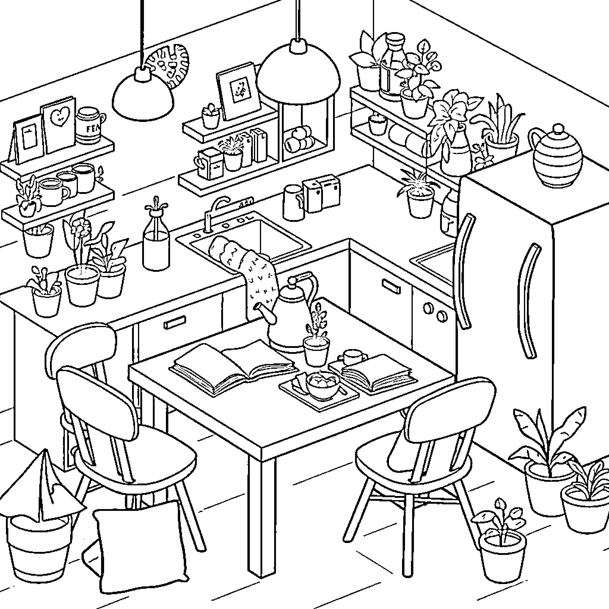 Home Scene with Cozy Workstation and Decor Coloring Page (free black-and-white line drawing printable PDF for all, from beginners to advanced learners, including children, teens, adults, and seniors)