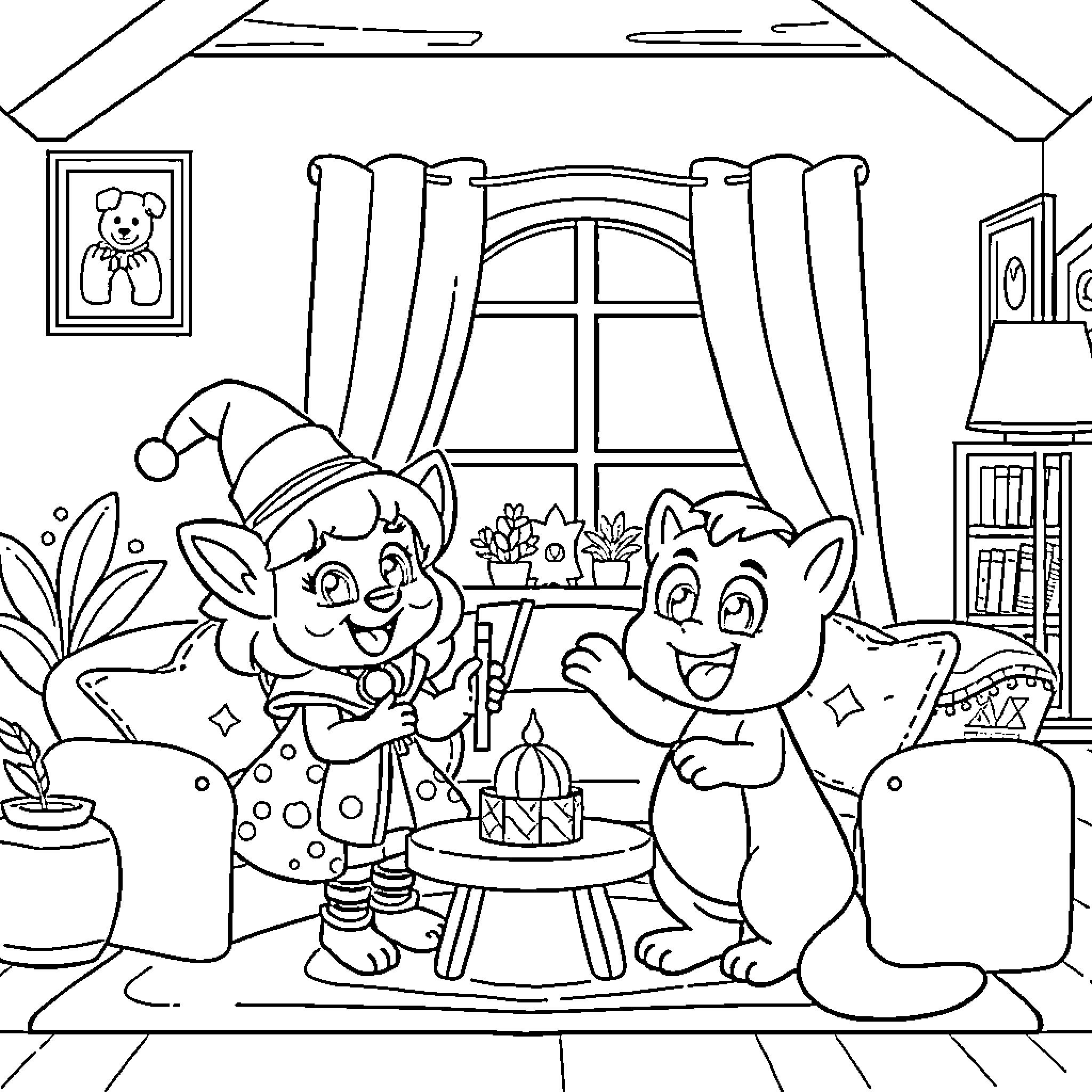 Bluey and Friends Celebrate a Special Occasion Coloring Page (free black-and-white line drawing printable PDF for all, from beginners to advanced learners, including children, teens, adults, and seniors)