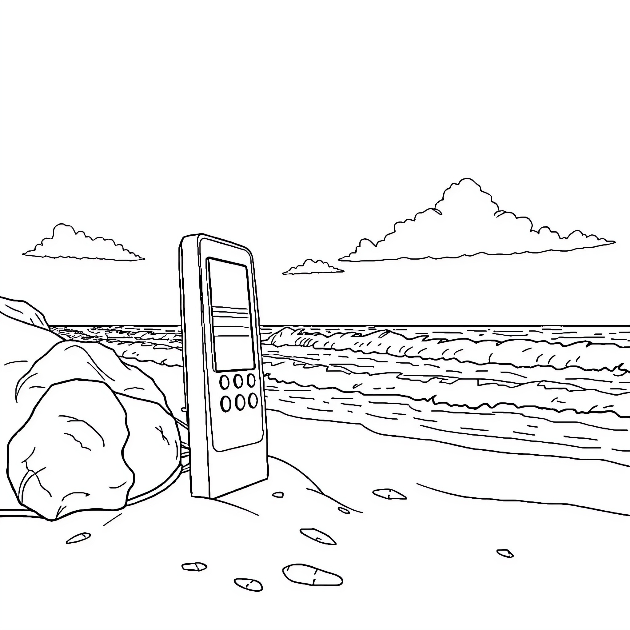 Phone by the Seashore Coloring Page (free black-and-white line drawing printable PDF for all, from beginners to advanced learners, including children, teens, adults, and seniors)