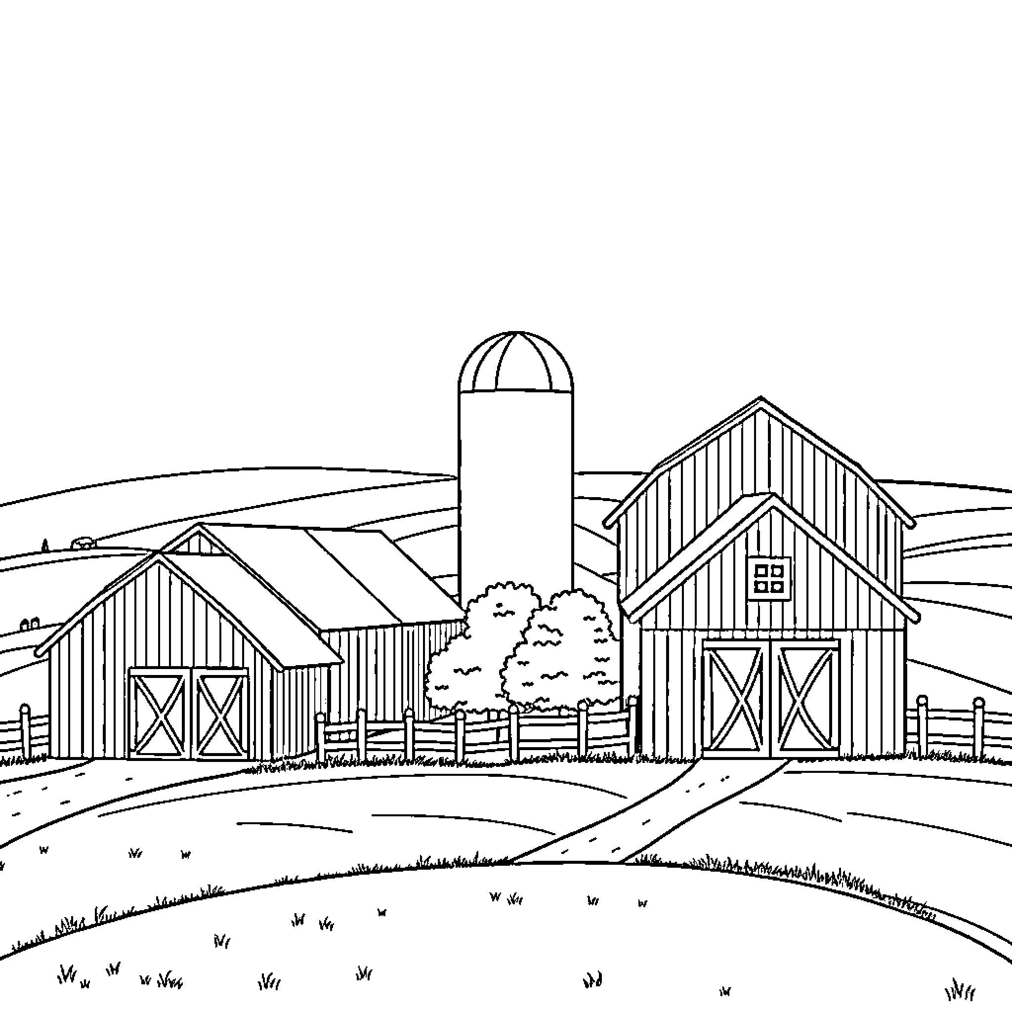 Farm with Rustic Barns and Silos in Countryside Coloring Page (free black-and-white line drawing printable PDF for all, from beginners to advanced learners, including children, teens, adults, and seniors)