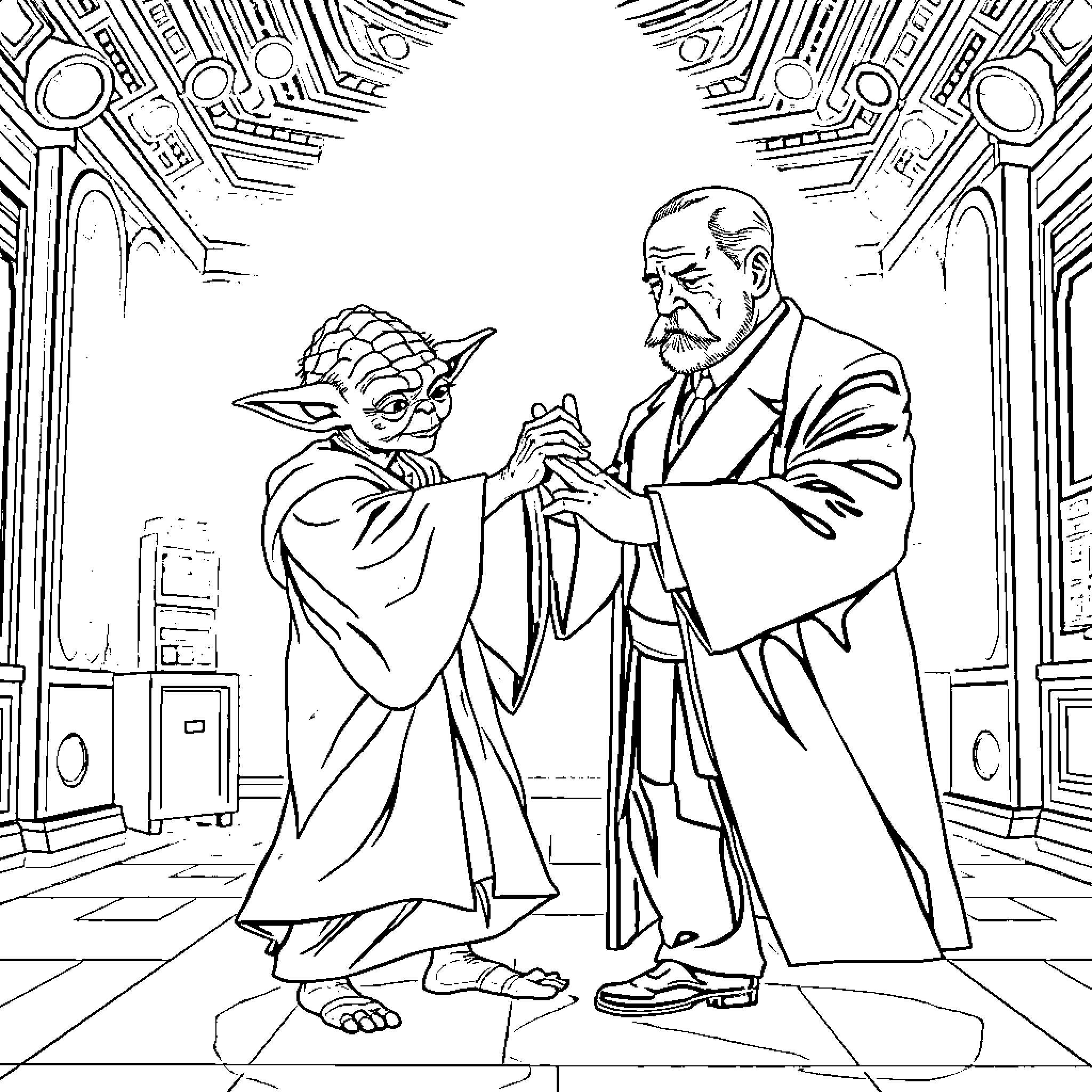 Yoda and Elder Teaching Wisdom in Grand Hall Coloring Page (free black-and-white line drawing printable PDF for all, from beginners to advanced learners, including children, teens, adults, and seniors)