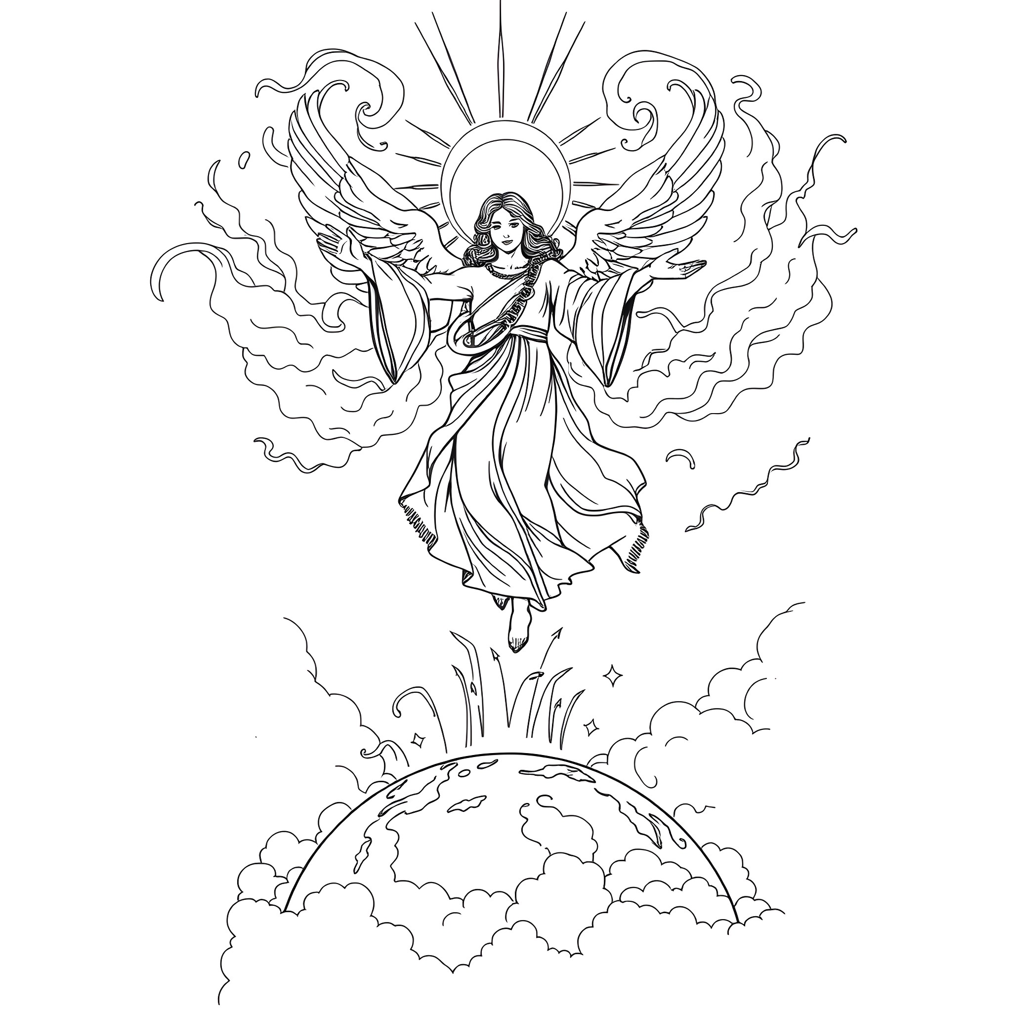 God's Celestial Angel Descending from the Heavens Coloring Page (free black-and-white line drawing printable PDF for all, from beginners to advanced learners, including children, teens, adults, and seniors)