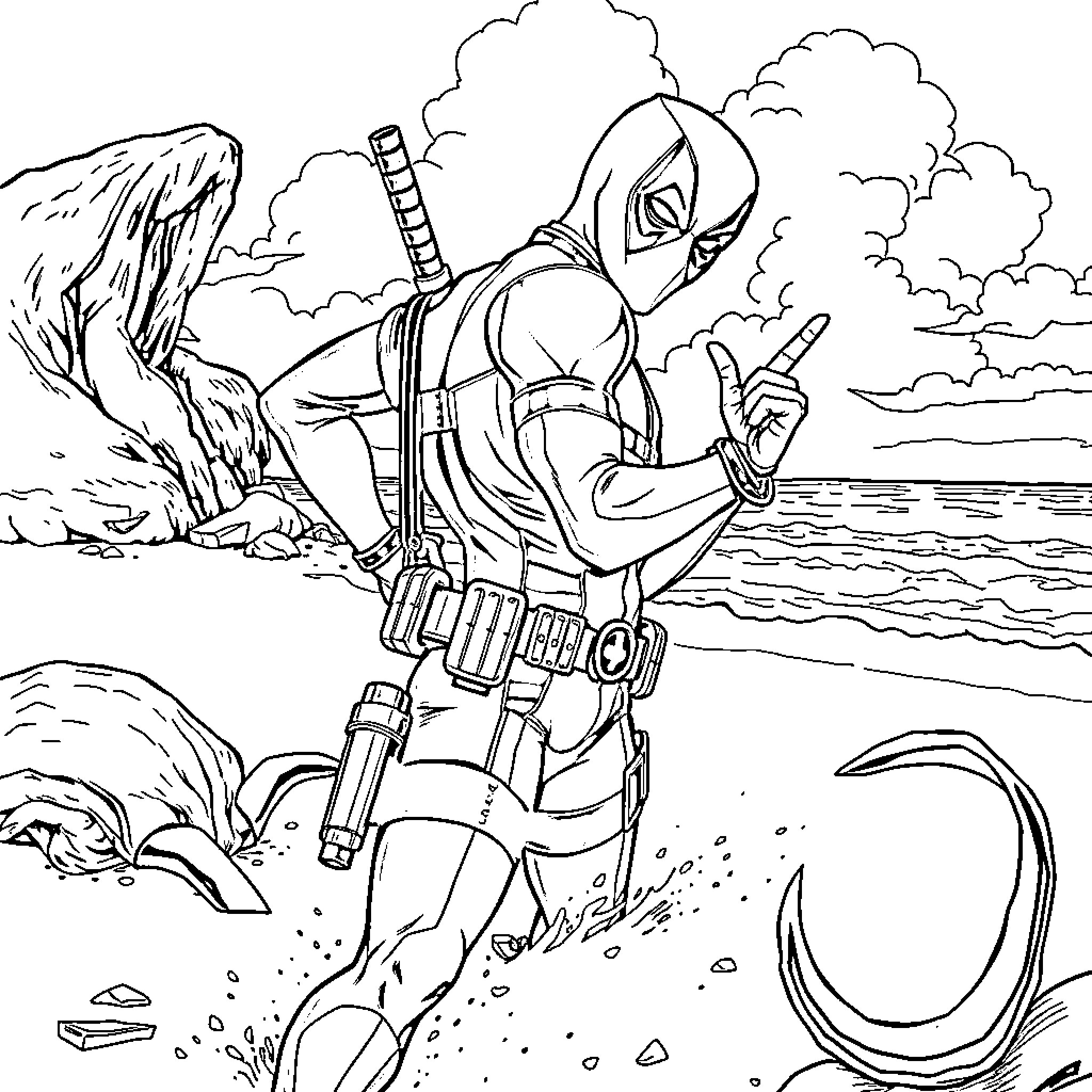 Deadpool's Adventurous Exploits on the Coastline Coloring Page (free black-and-white line drawing printable PDF for all, from beginners to advanced learners, including children, teens, adults, and seniors)