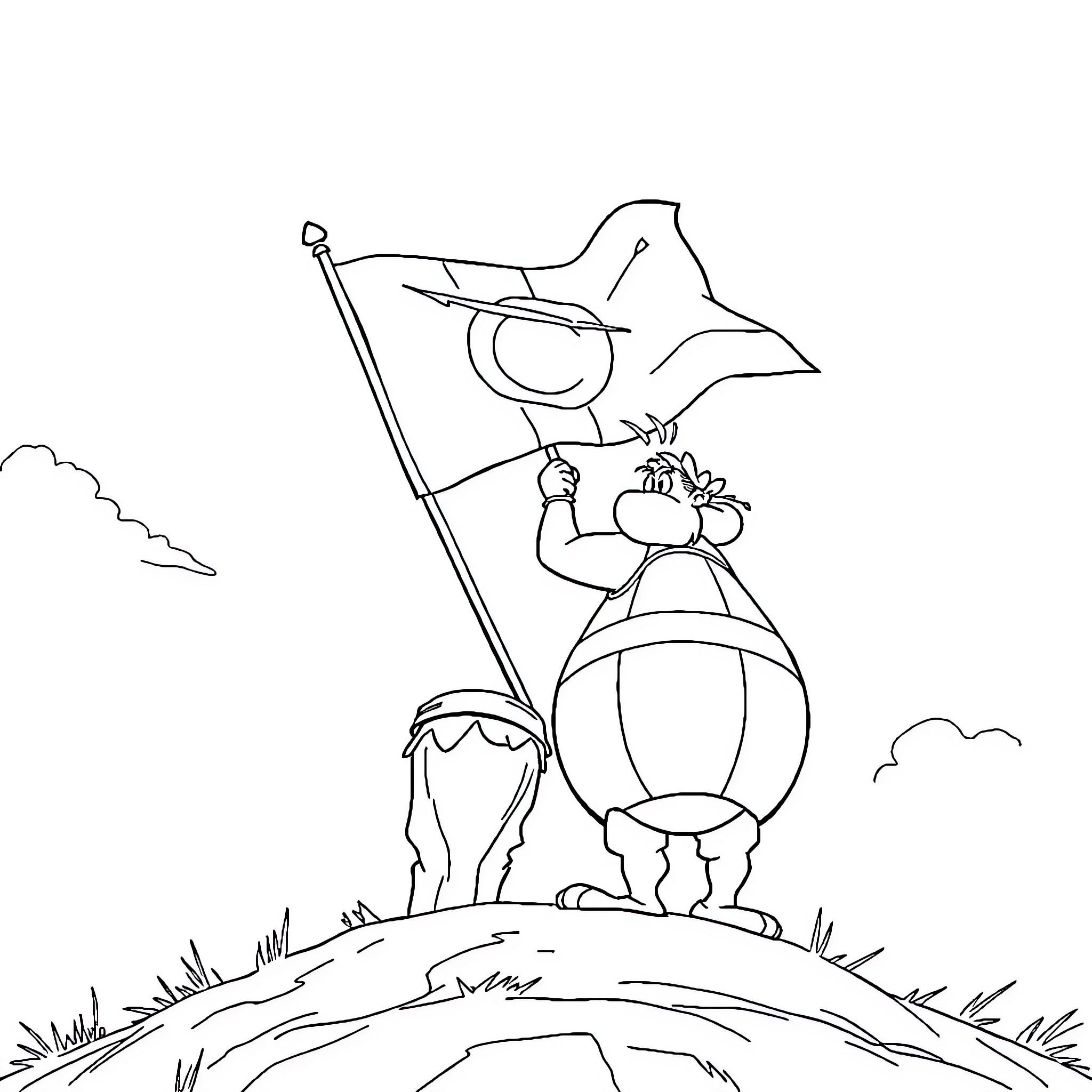 Asterix waving flag on hilltop Coloring Page (free black-and-white line drawing printable PDF for all, from beginners to advanced learners, including children, teens, adults, and seniors)