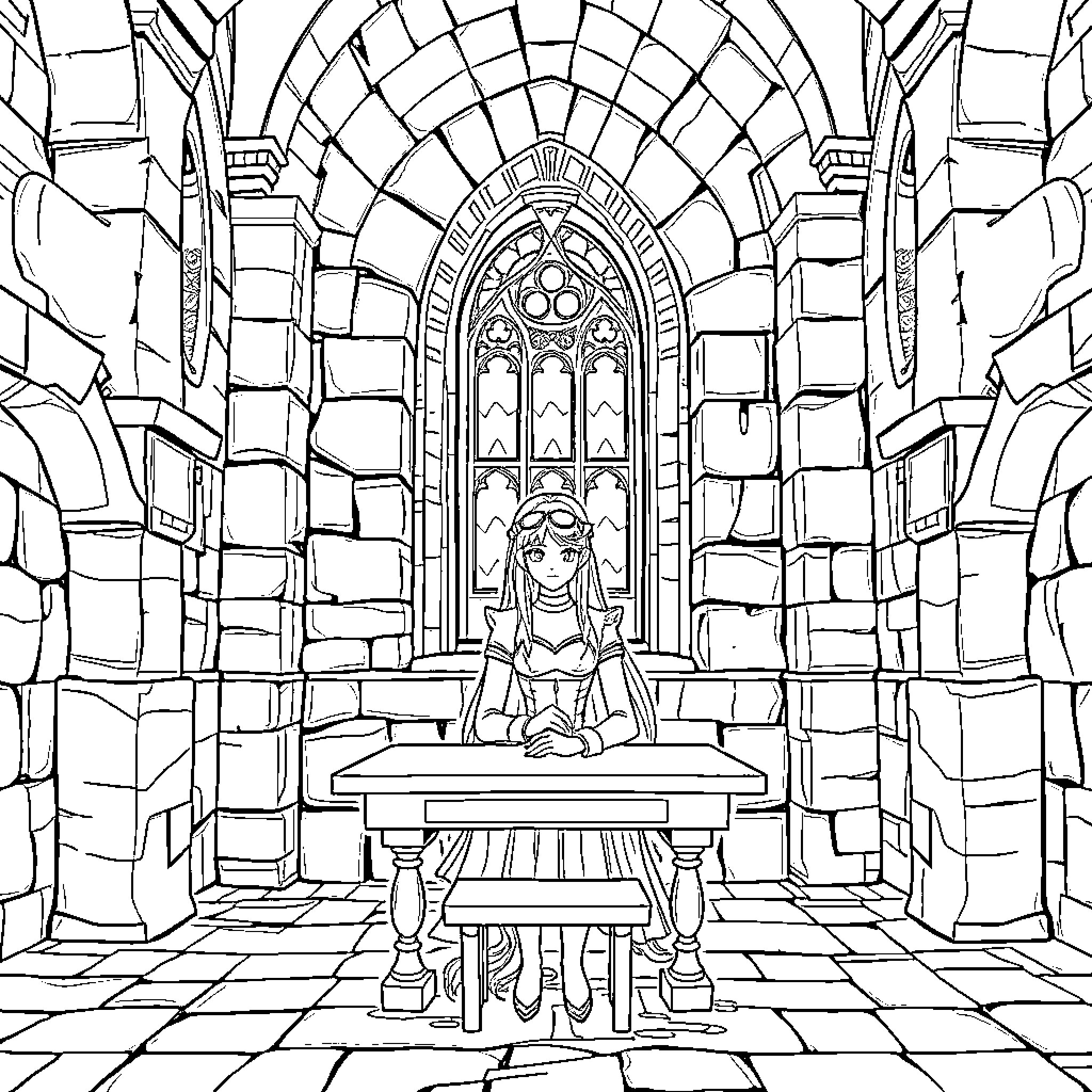 K Pop Warrior in Ornate Cathedral Sanctuary Coloring Page (free black-and-white line drawing printable PDF for all, from beginners to advanced learners, including children, teens, adults, and seniors)