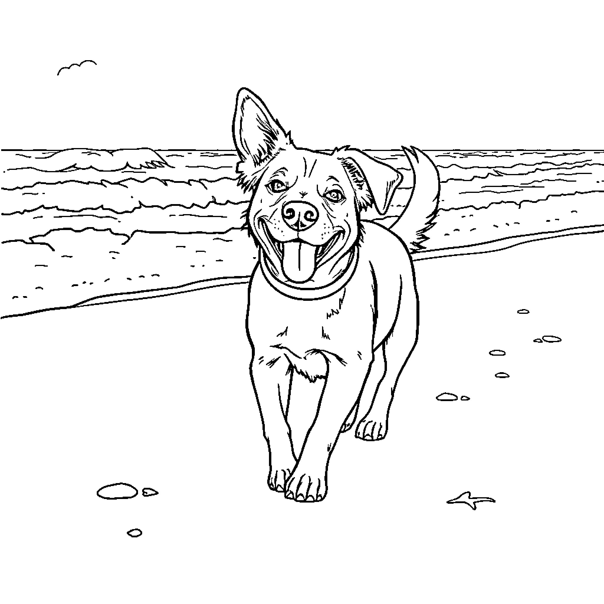Dog enjoying the beach on a sunny day Coloring Page (free black-and-white line drawing printable PDF for all, from beginners to advanced learners, including children, teens, adults, and seniors)