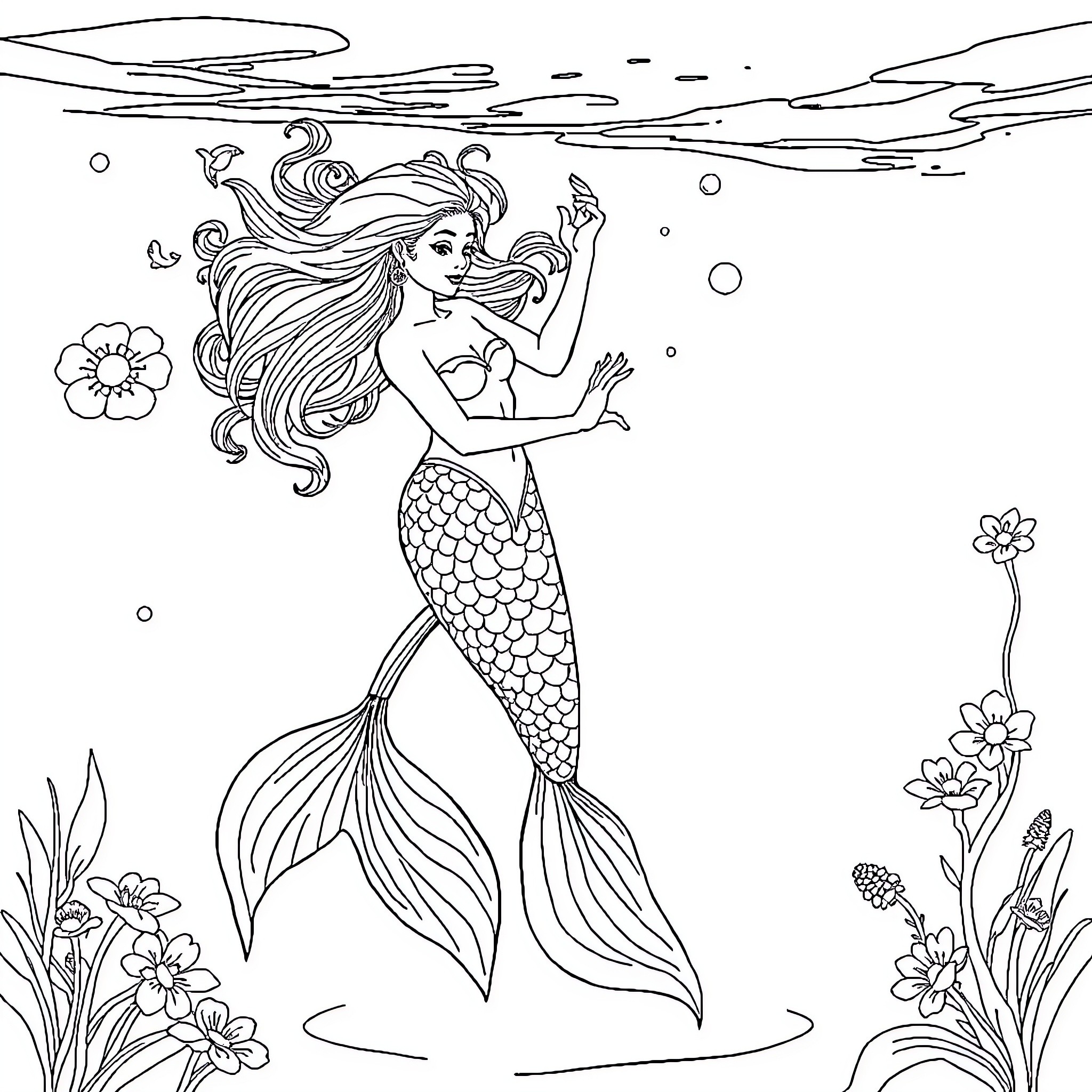 Mermaid swimming gracefully in the underwater garden Coloring Page (free black-and-white line drawing printable PDF for all, from beginners to advanced learners, including children, teens, adults, and seniors)