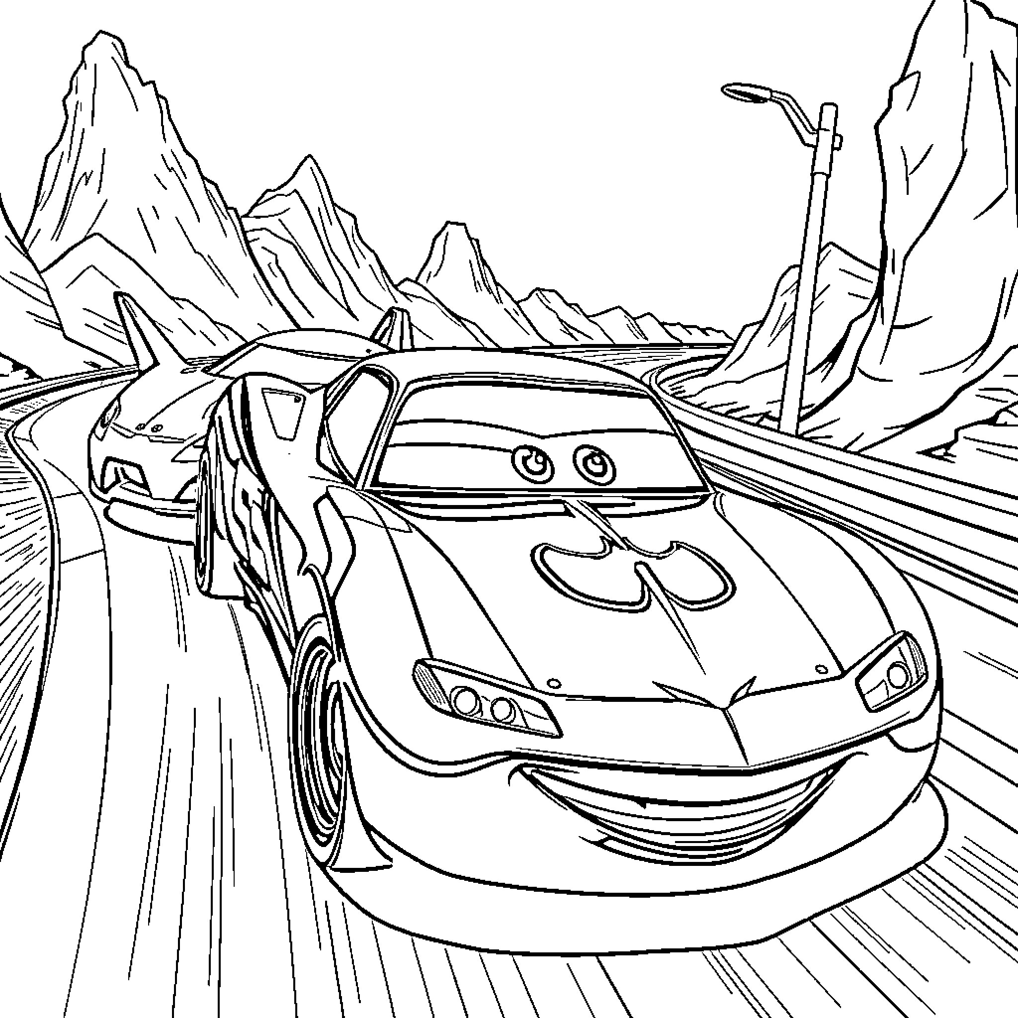 Lightning McQueen racing through the mountains Coloring Page (free black-and-white line drawing printable PDF for all, from beginners to advanced learners, including children, teens, adults, and seniors)