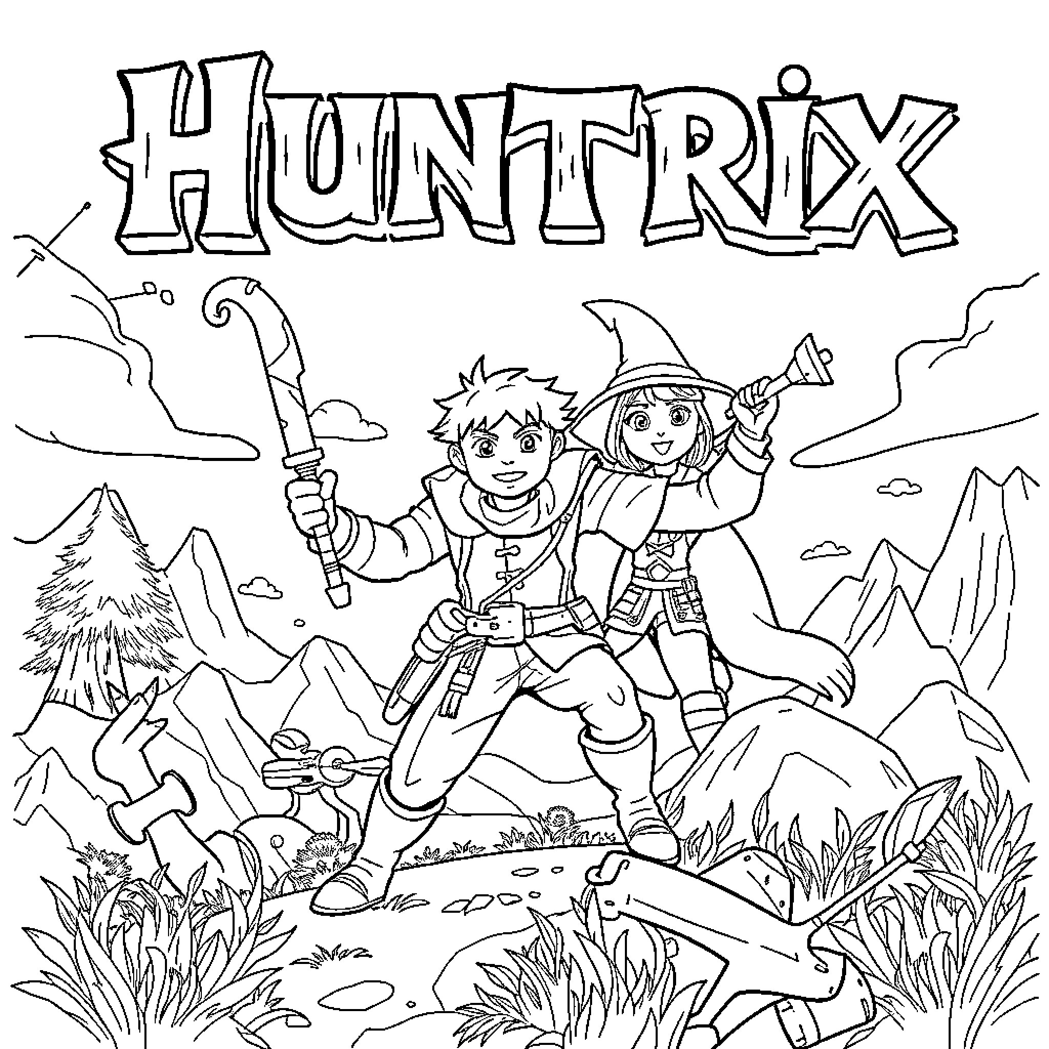 Huntrix: Adventurous Explorers in the Wilderness Coloring Page (free black-and-white line drawing printable PDF for all, from beginners to advanced learners, including children, teens, adults, and seniors)