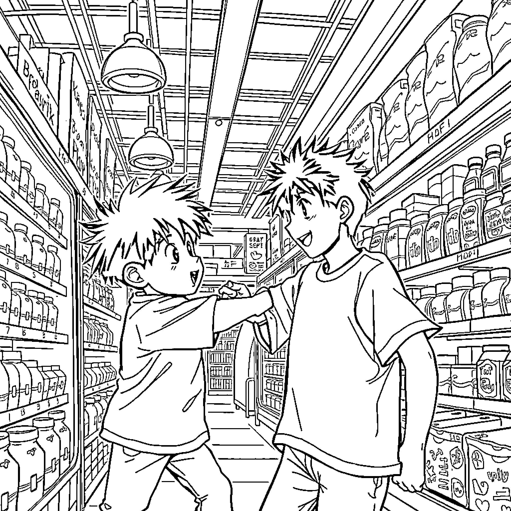 Kenji and Friend Exploring the Local Convenience Store Coloring Page (free black-and-white line drawing printable PDF for all, from beginners to advanced learners, including children, teens, adults, and seniors)
