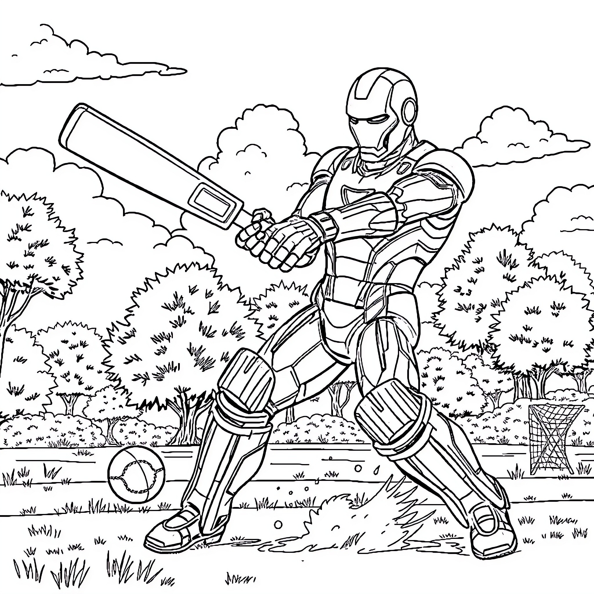 Ironman in heroic pose amid nature Coloring Page (free black-and-white line drawing printable PDF for all, from beginners to advanced learners, including children, teens, adults, and seniors)