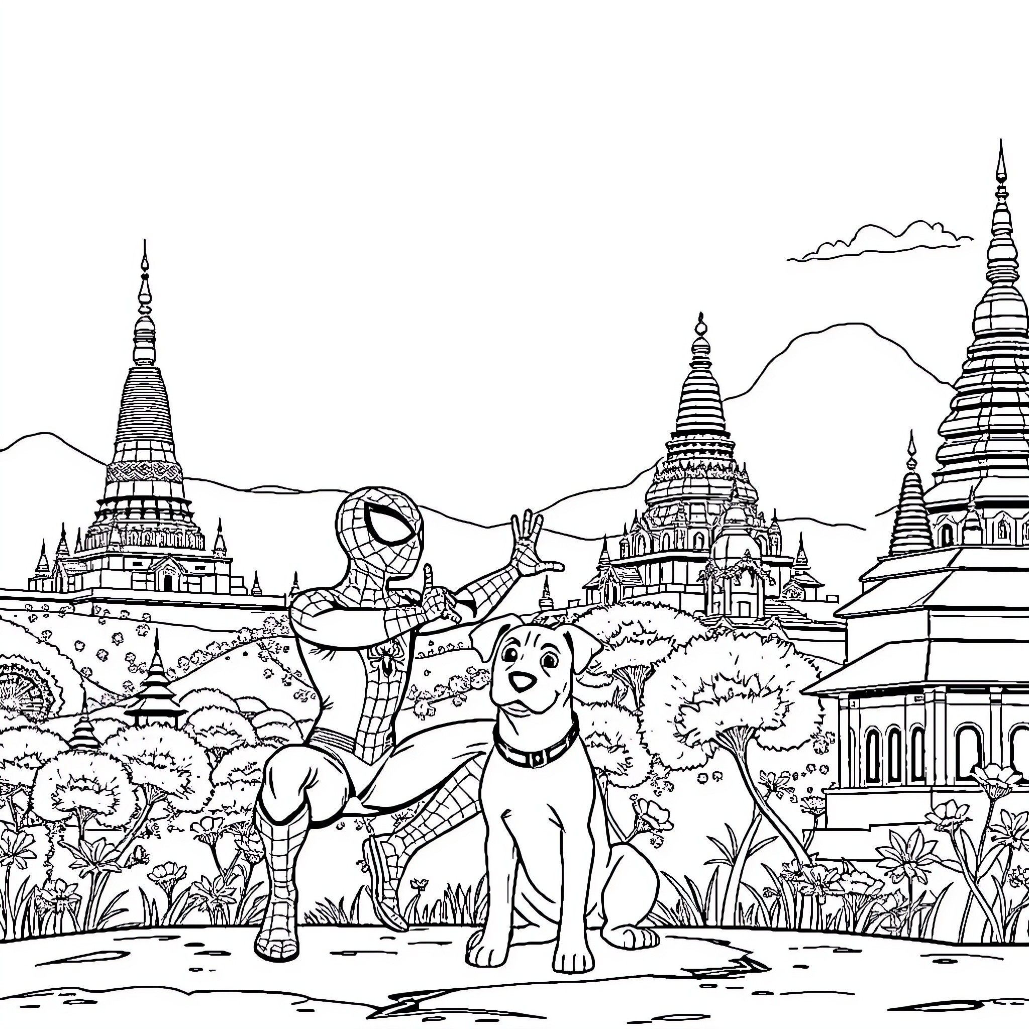 Spiderman Swinging with Puppy in Magical Temple Setting Coloring Page (free black-and-white line drawing printable PDF for all, from beginners to advanced learners, including children, teens, adults, and seniors)