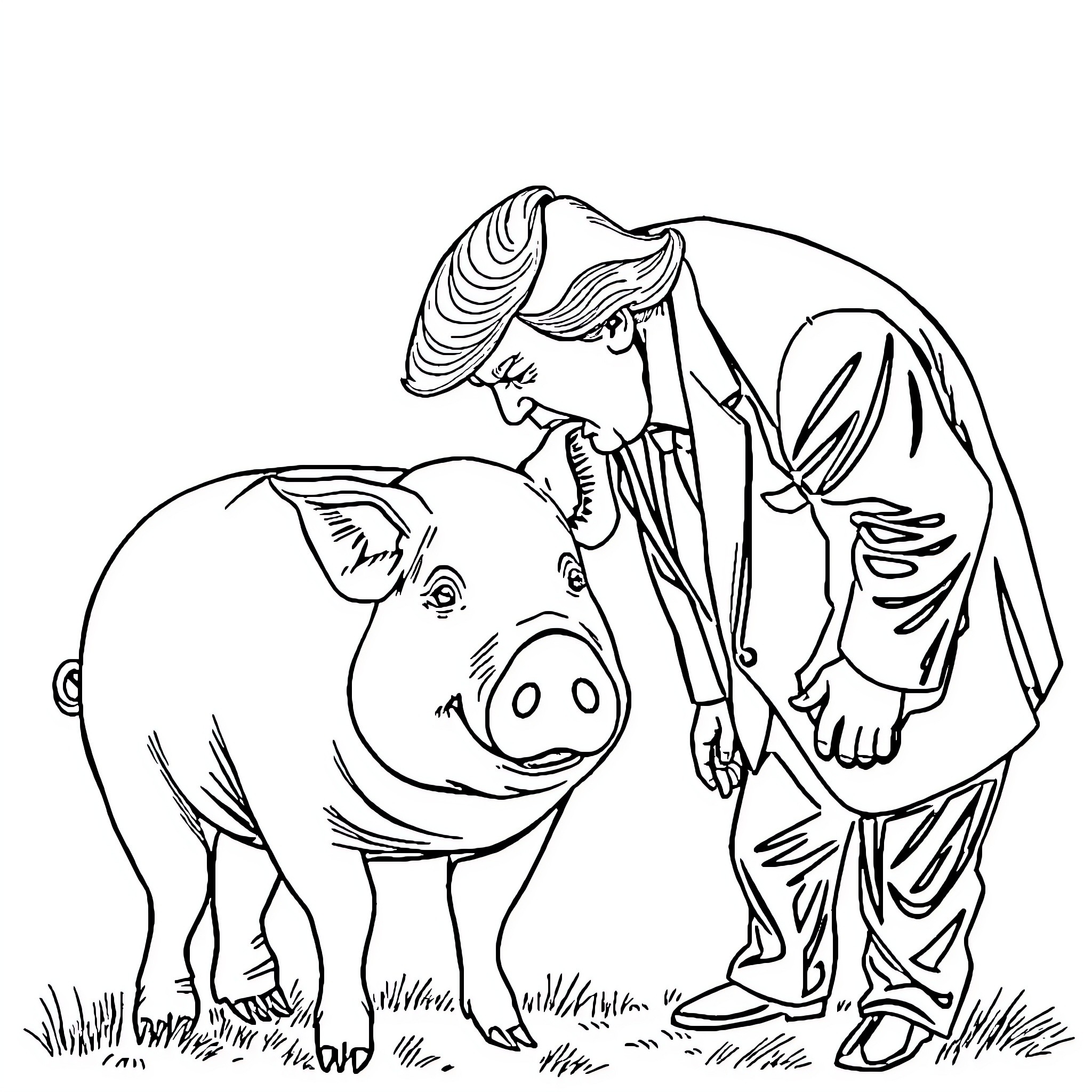 Trump petting a happy pig in the countryside Coloring Page (free black-and-white line drawing printable PDF for all, from beginners to advanced learners, including children, teens, adults, and seniors)