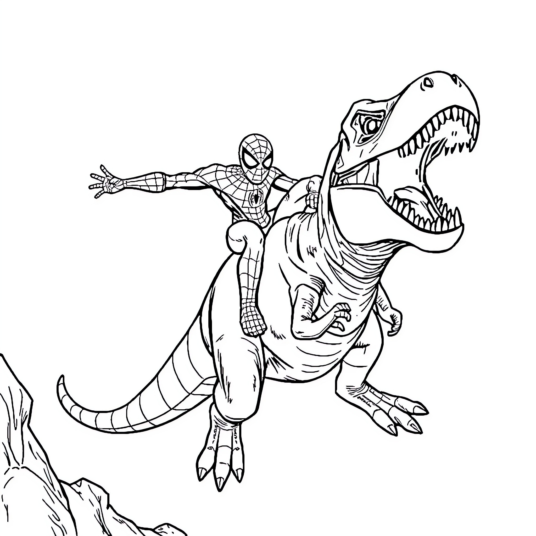 Spiderman riding a fierce dinosaur Coloring Page (free black-and-white line drawing printable PDF for all, from beginners to advanced learners, including children, teens, adults, and seniors)