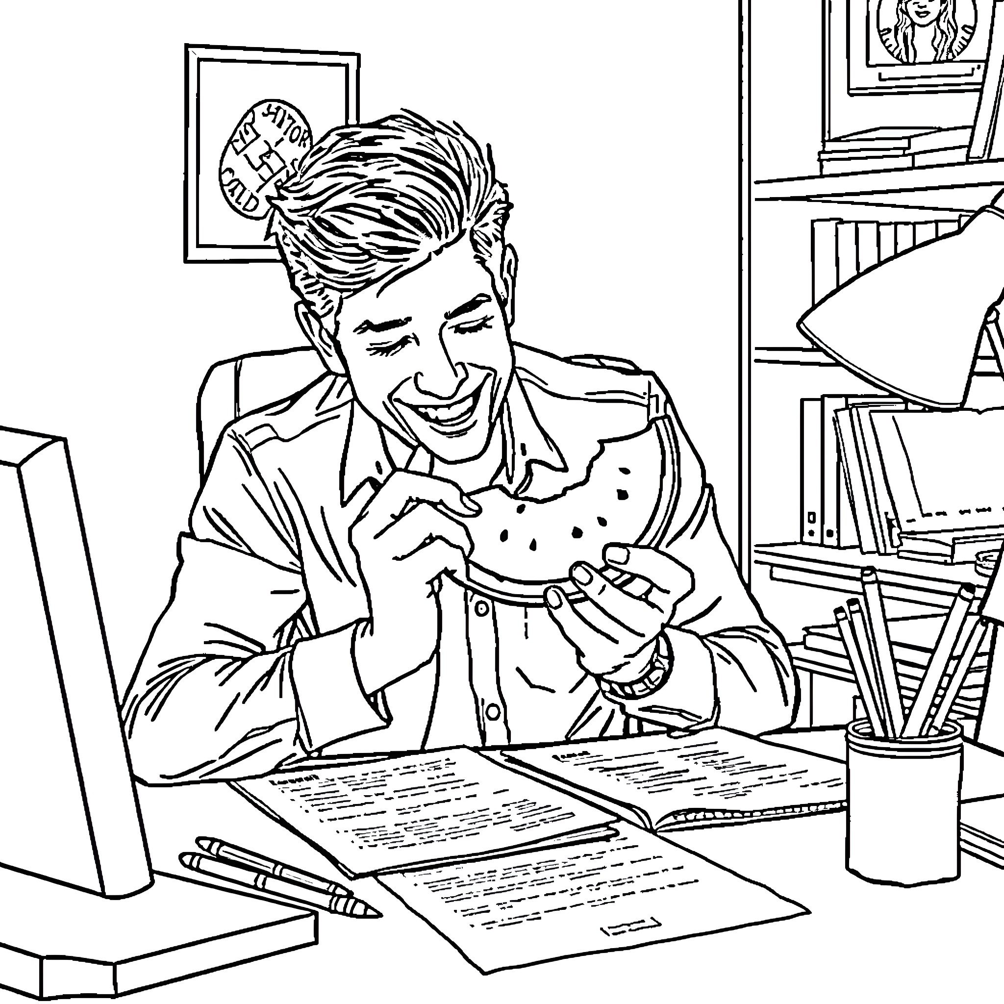 Pedro Pascal focused on work at his desk Coloring Page (free black-and-white line drawing printable PDF for all, from beginners to advanced learners, including children, teens, adults, and seniors)