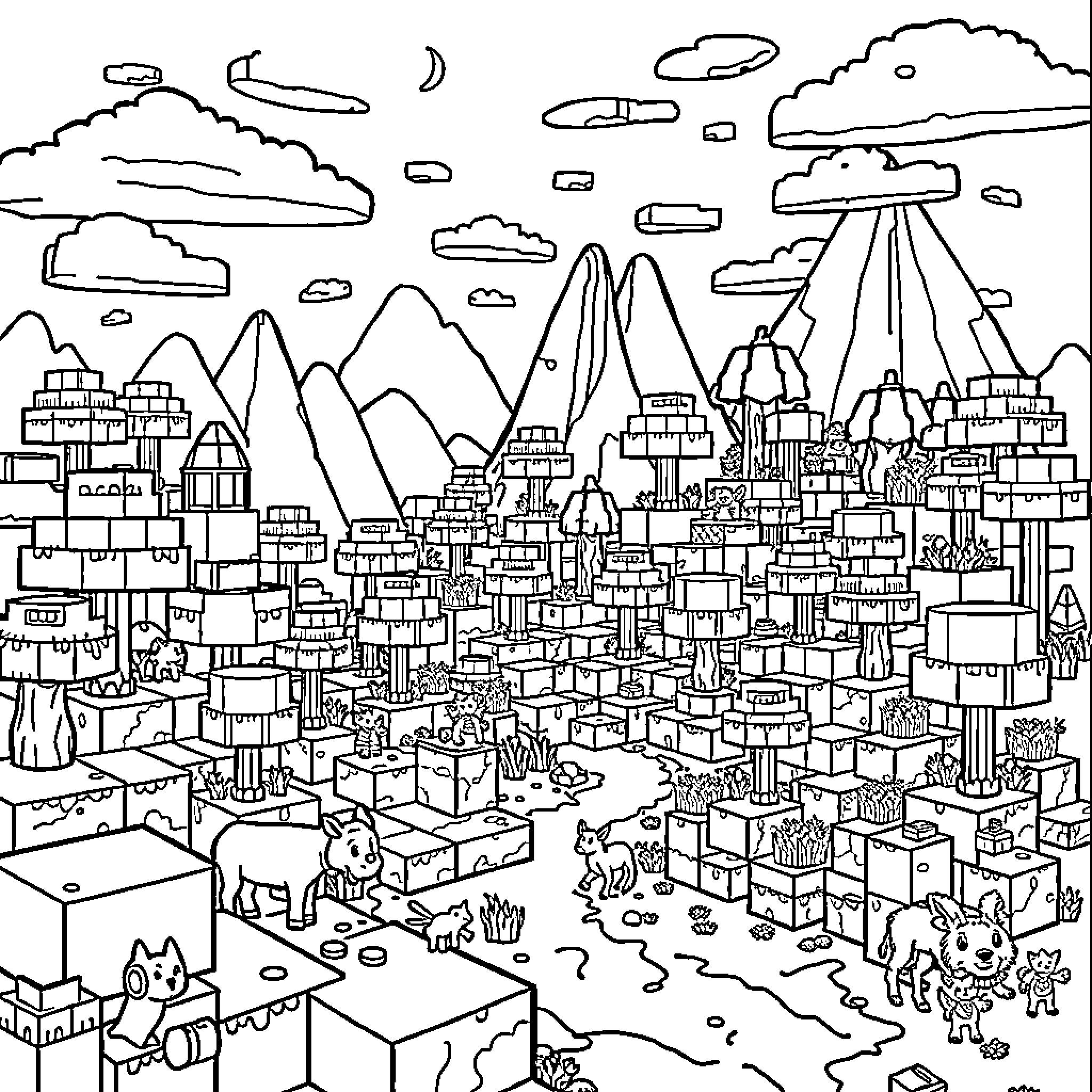Minecraft surreal cityscape with floating objects and creatures Coloring Page (free black-and-white line drawing printable PDF for all, from beginners to advanced learners, including children, teens, adults, and seniors)