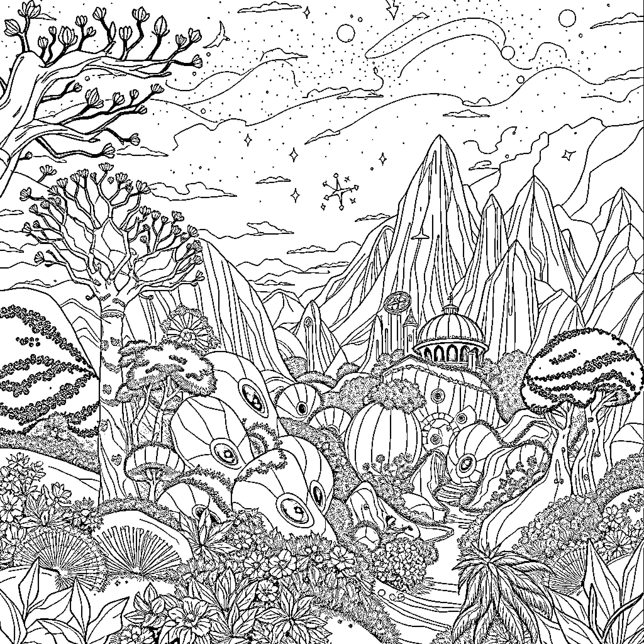 Alicia's Whimsical Woodland Adventure Coloring Page (free black-and-white line drawing printable PDF for all, from beginners to advanced learners, including children, teens, adults, and seniors)