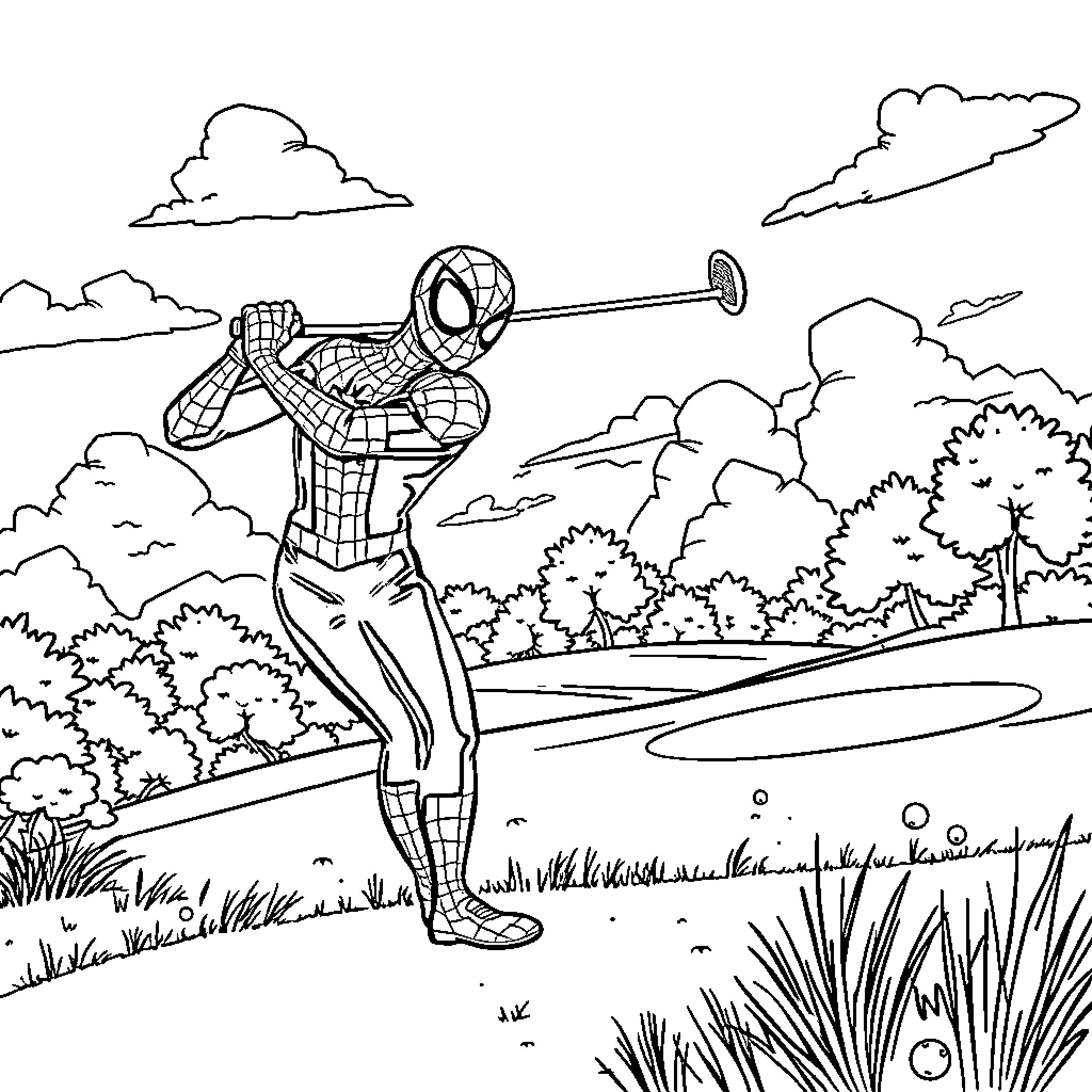 Spider-Man swinging through a scenic landscape Coloring Page (free black-and-white line drawing printable PDF for all, from beginners to advanced learners, including children, teens, adults, and seniors)