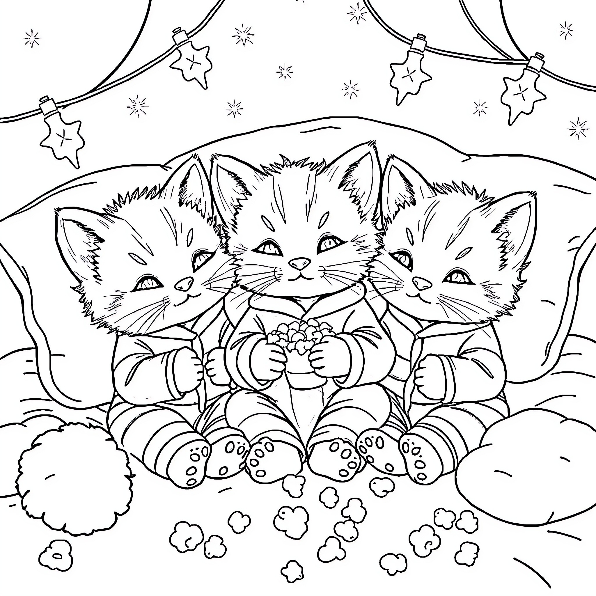 Kittens playing amidst twinkling stars Coloring Page (free black-and-white line drawing printable PDF for all, from beginners to advanced learners, including children, teens, adults, and seniors)