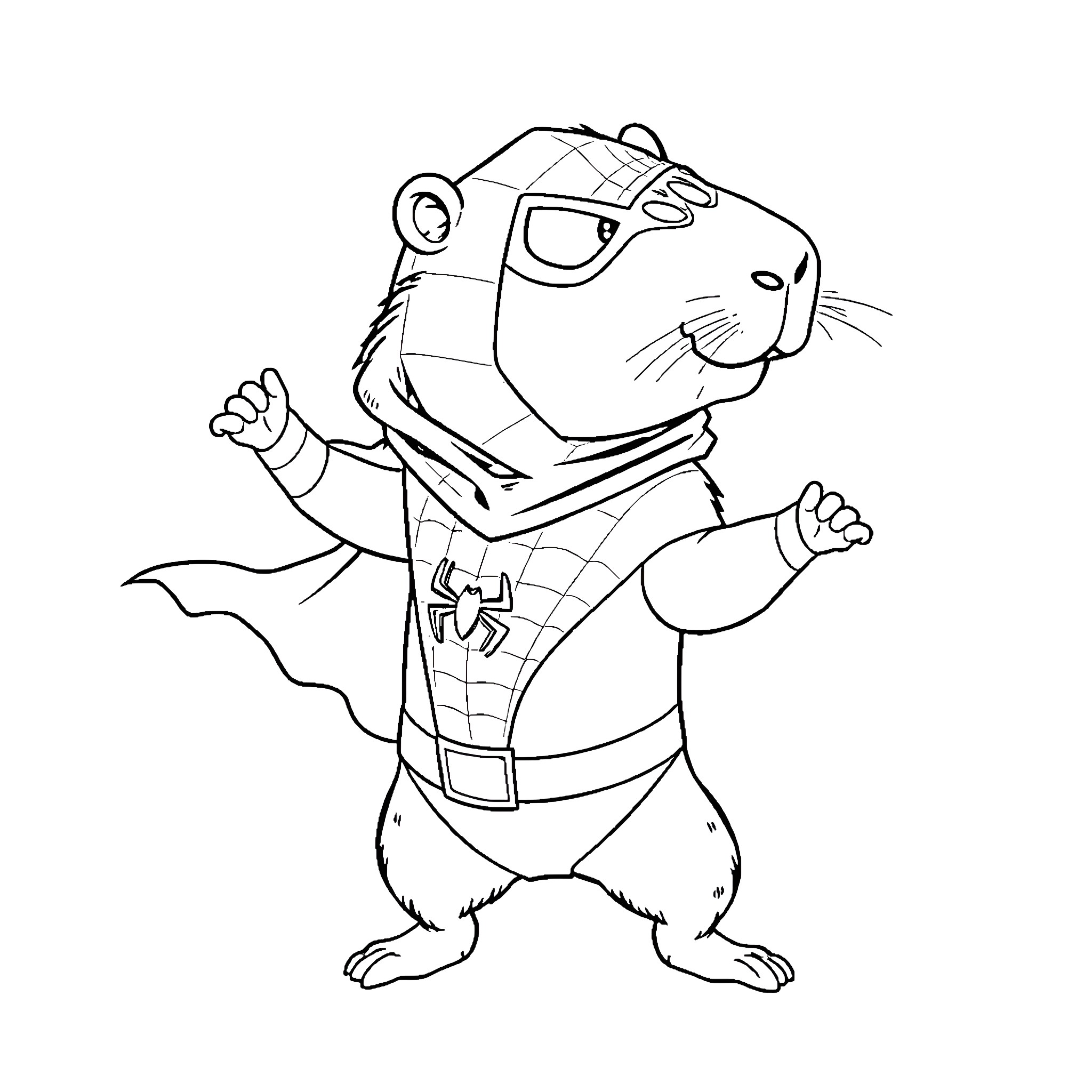 Capybara dressed as a superhero posing heroically Coloring Page (free black-and-white line drawing printable PDF for all, from beginners to advanced learners, including children, teens, adults, and seniors)