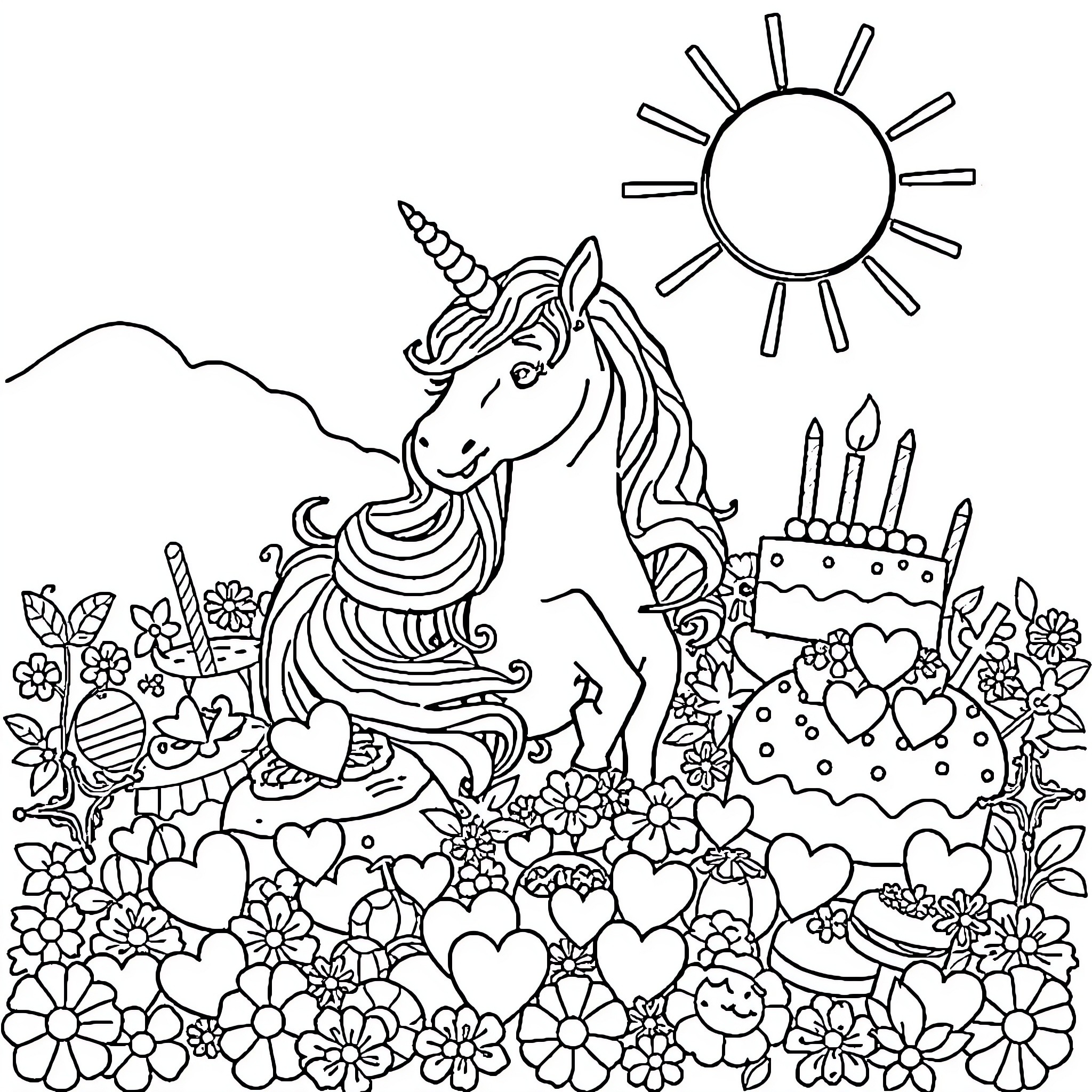 Licorne in a whimsical floral garden Coloring Page (free black-and-white line drawing printable PDF for all, from beginners to advanced learners, including children, teens, adults, and seniors)