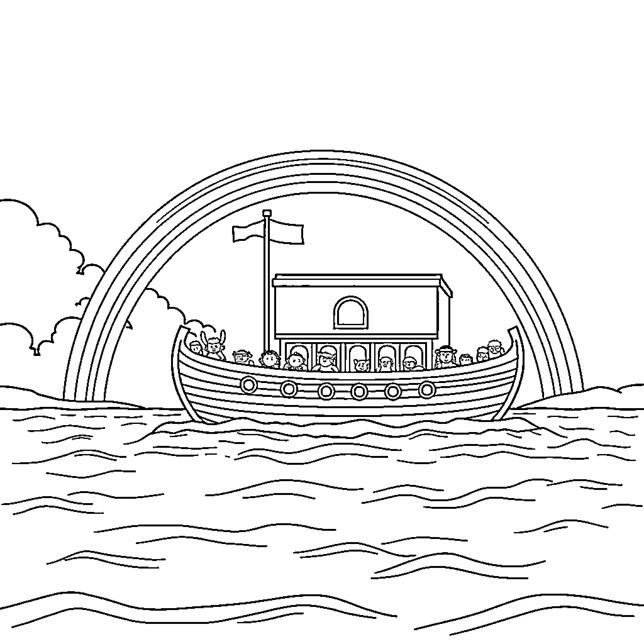 Noah's Ark Sailing Through the Stormy Seas Coloring Page (free black-and-white line drawing printable PDF for all, from beginners to advanced learners, including children, teens, adults, and seniors)