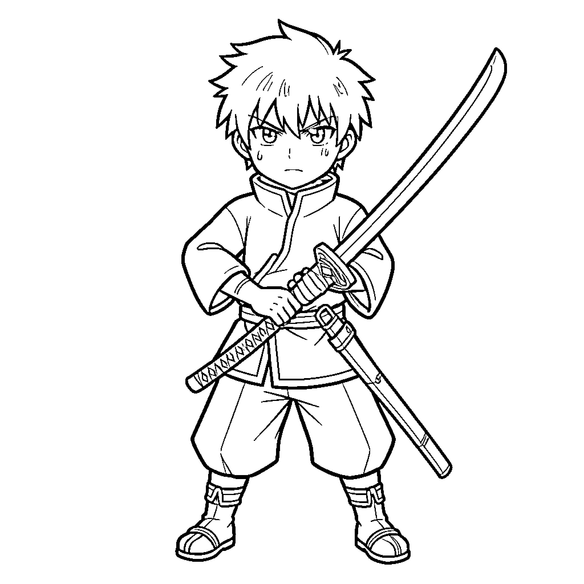 Toshiro Hitsugaya holding a sword with a determined expression Coloring Page (free black-and-white line drawing printable PDF for all, from beginners to advanced learners, including children, teens, adults, and seniors)