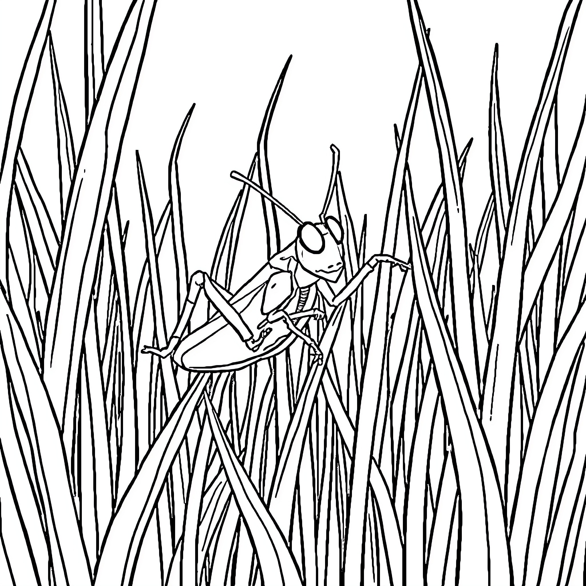 Grasshopper resting in tall grass Coloring Page (free black-and-white line drawing printable PDF for all, from beginners to advanced learners, including children, teens, adults, and seniors)