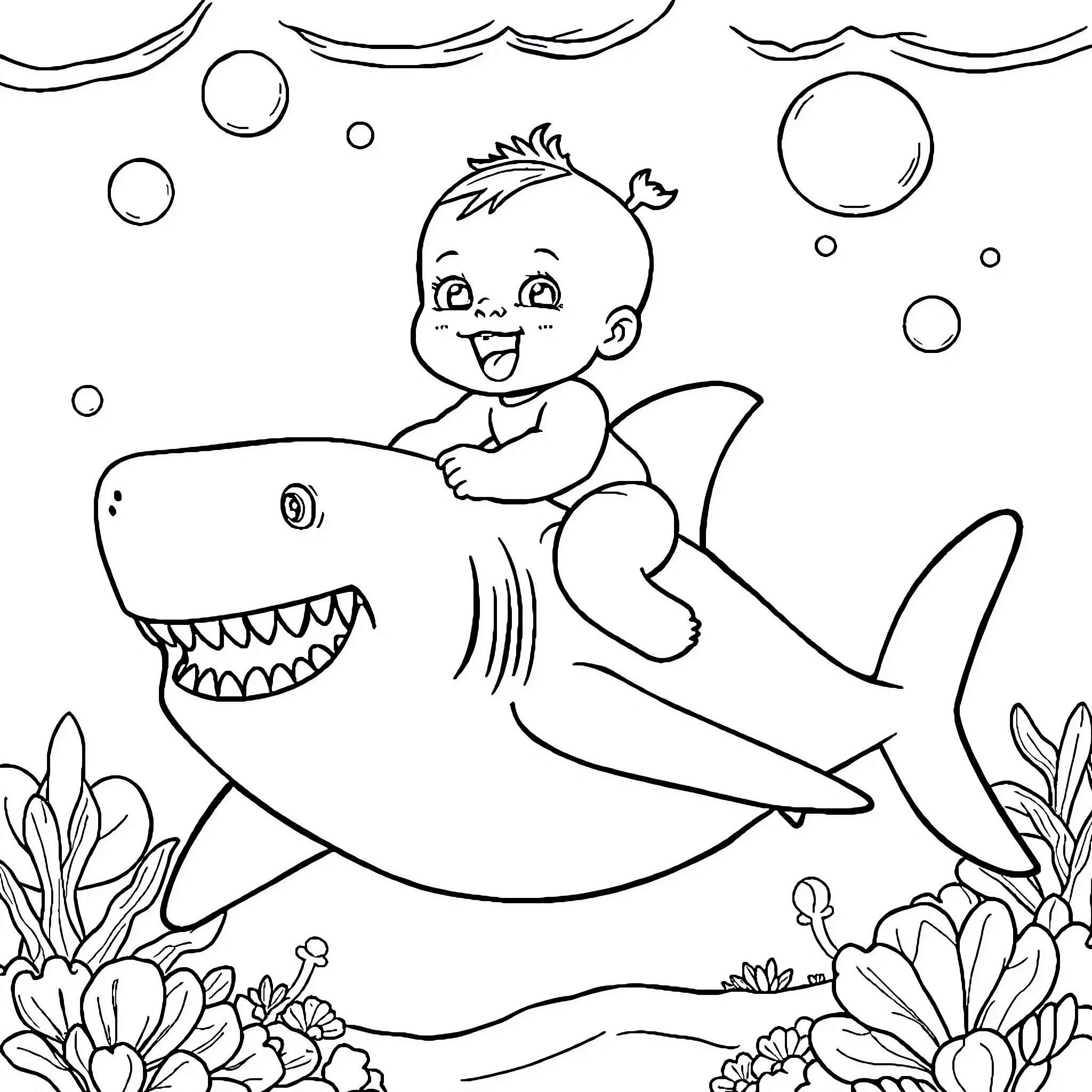 Baby playing happily with shark in the ocean Coloring Page (free black-and-white line drawing printable PDF for all, from beginners to advanced learners, including children, teens, adults, and seniors)