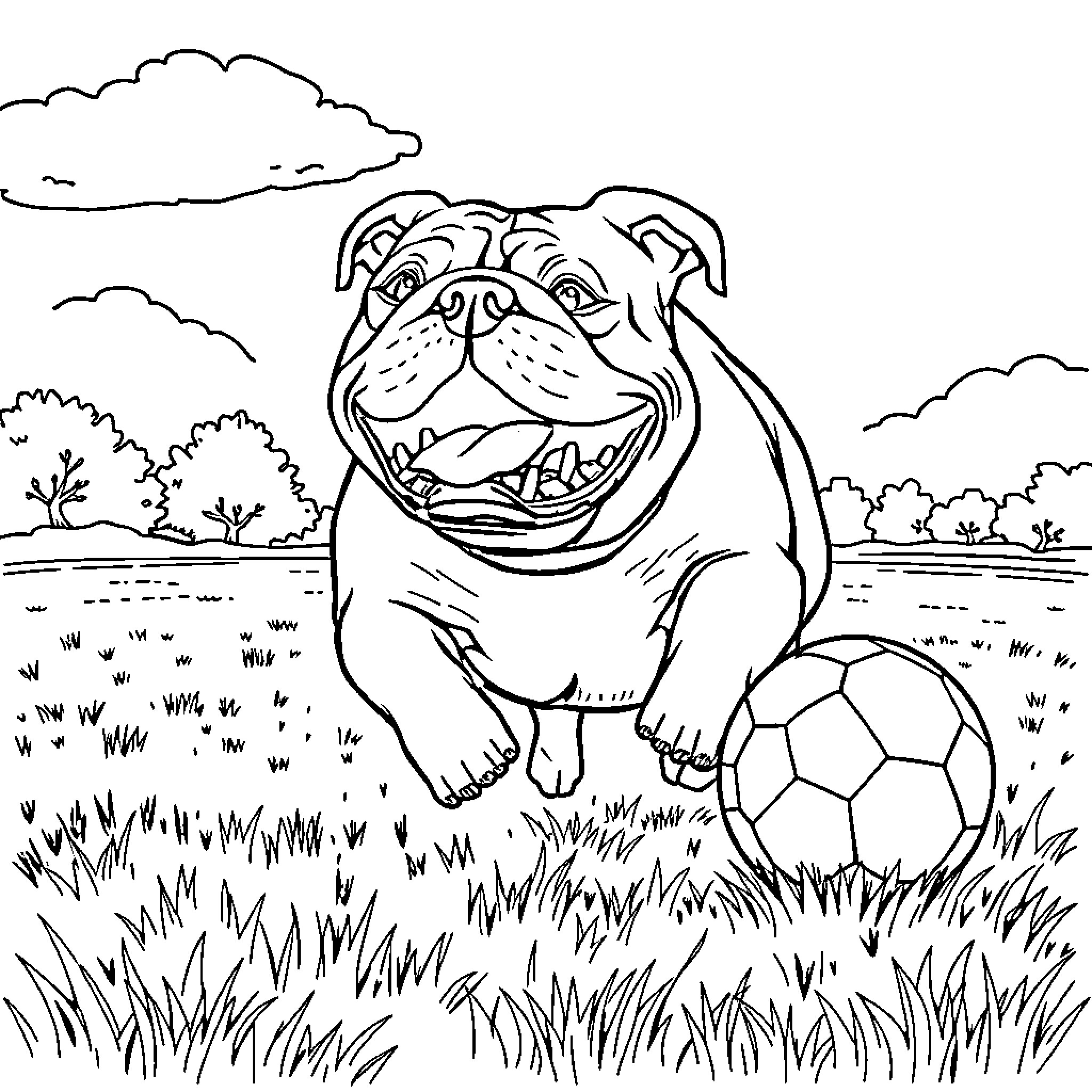 Bulldog playing with a soccer ball in the park Coloring Page (free black-and-white line drawing printable PDF for all, from beginners to advanced learners, including children, teens, adults, and seniors)