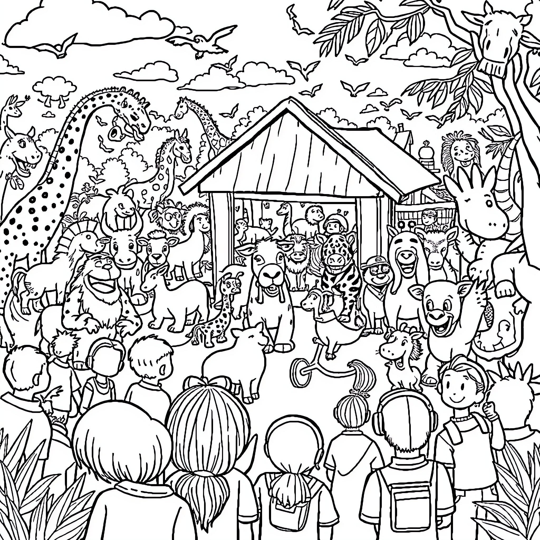 Zoo with animals and visitors in a natural setting Coloring Page (free black-and-white line drawing printable PDF for all, from beginners to advanced learners, including children, teens, adults, and seniors)