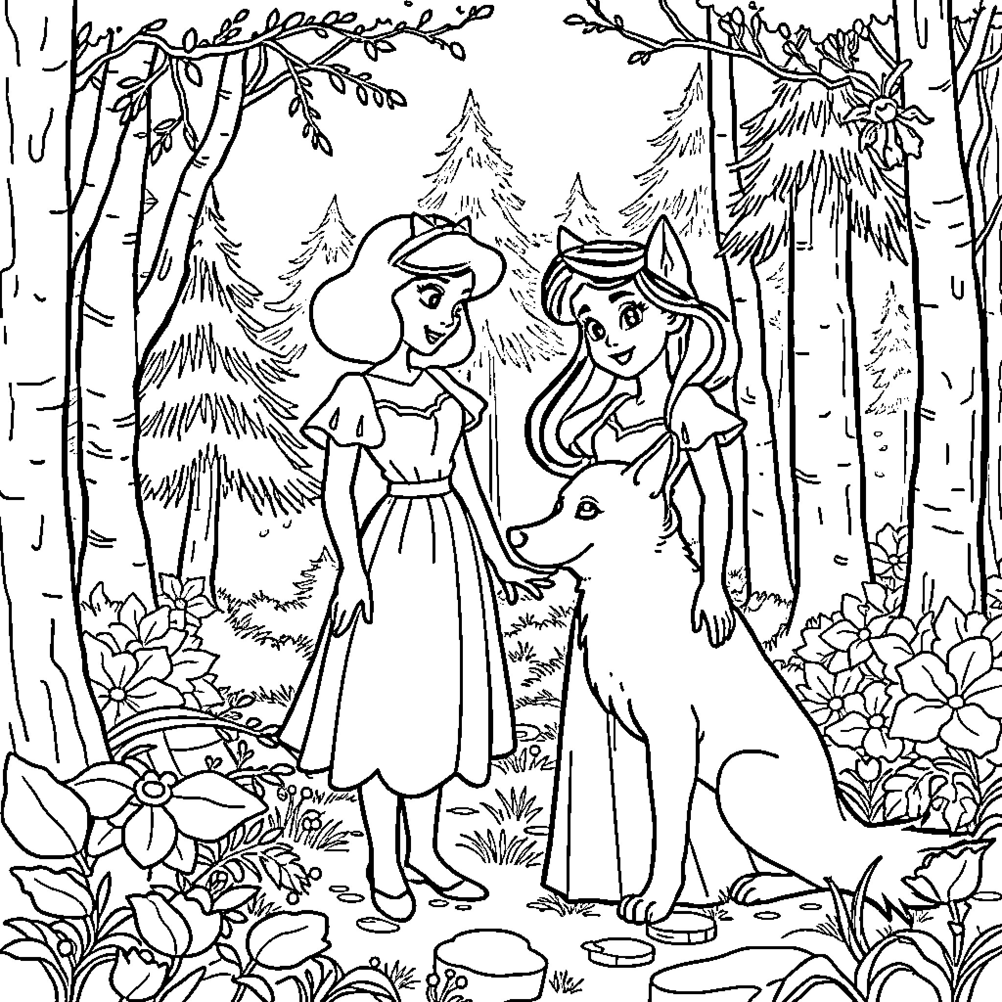 Snow White's Enchanting Forest Adventure Coloring Page (free black-and-white line drawing printable PDF for all, from beginners to advanced learners, including children, teens, adults, and seniors)
