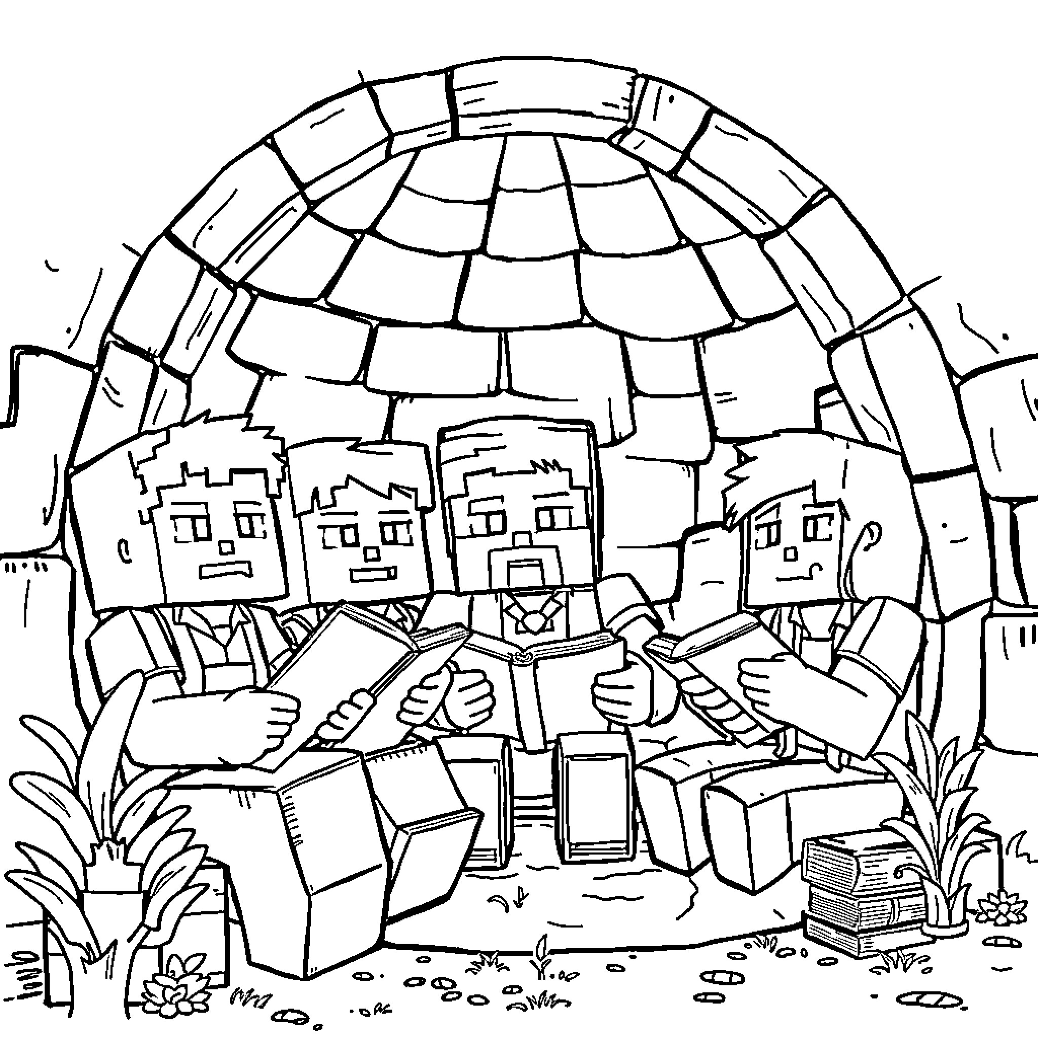 Minecraft Characters Studying in the Outdoors Coloring Page (free black-and-white line drawing printable PDF for all, from beginners to advanced learners, including children, teens, adults, and seniors)