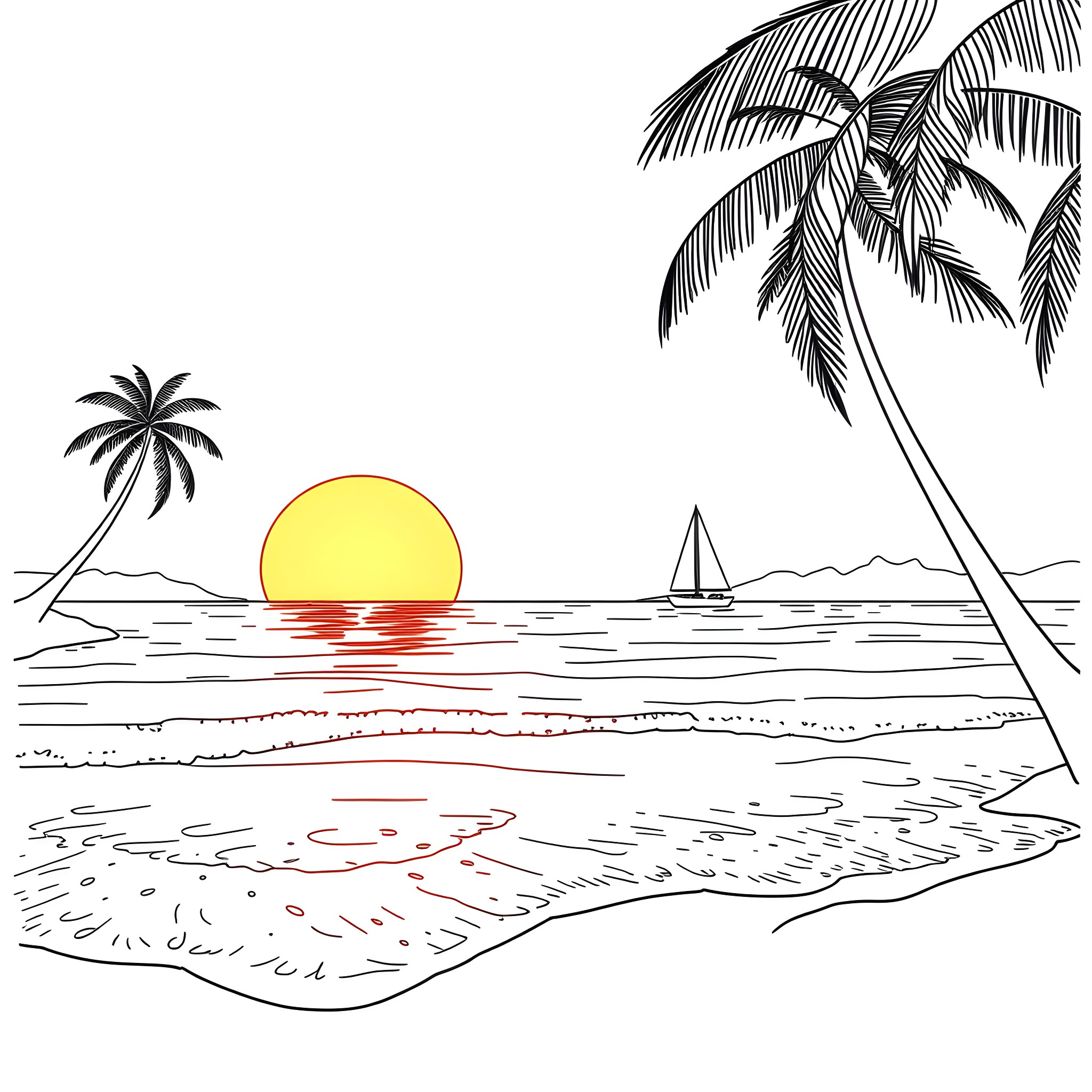 Sail Boat on Tropical Beach at Sunset Coloring Page (free black-and-white line drawing printable PDF for all, from beginners to advanced learners, including children, teens, adults, and seniors)
