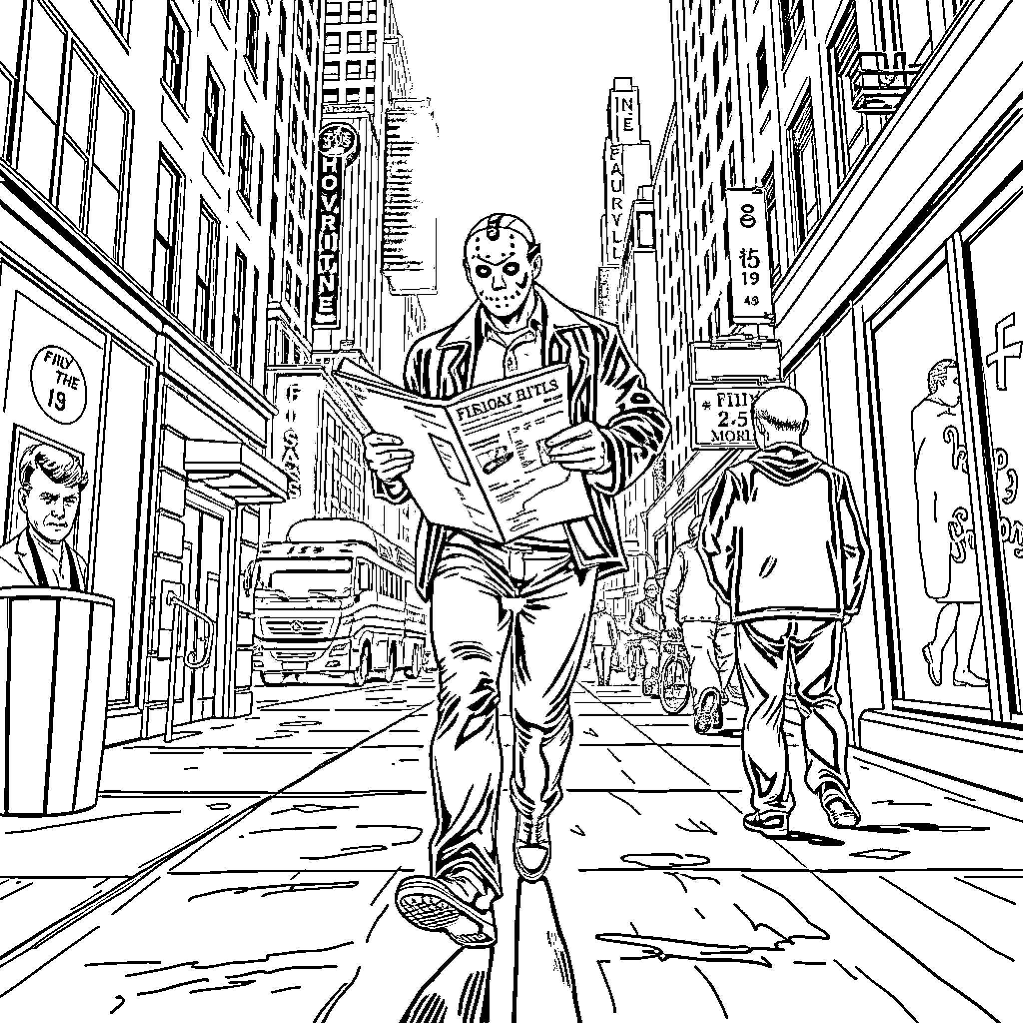 Jason exploring the bustling city streets Coloring Page (free black-and-white line drawing printable PDF for all, from beginners to advanced learners, including children, teens, adults, and seniors)